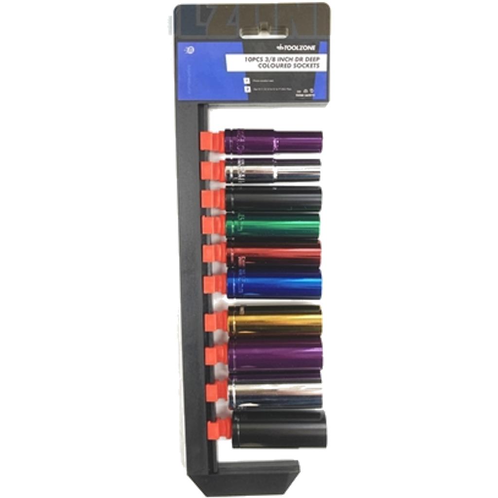 Toolzone 10pc Multi Coloured Metric Deep Socket 10mm - 19mm Set 3/8" Drive Toolzone 10pc Multi Coloured Metric Deep Socket 10mm - 19mm Set 3/8" Drive