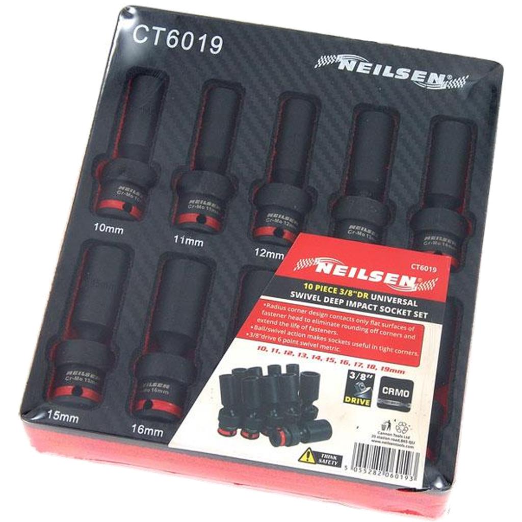 Neilsen Universal Swivel Impact UJ Driver Deep Socket Set 3/8" 10mm - 19mm 10pc Neilsen Universal Swivel Impact UJ Driver Deep Socket Set 3/8" 10mm - 19mm 10pc