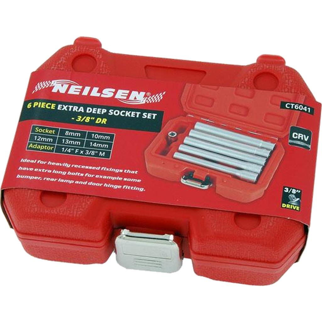 Neilsen Metric Extra Deep Drive Sockets 8mm - 14mm Socket Set In 6pc 3/8" Neilsen Metric Extra Deep Drive Sockets 8mm - 14mm Socket Set In 6pc 3/8"