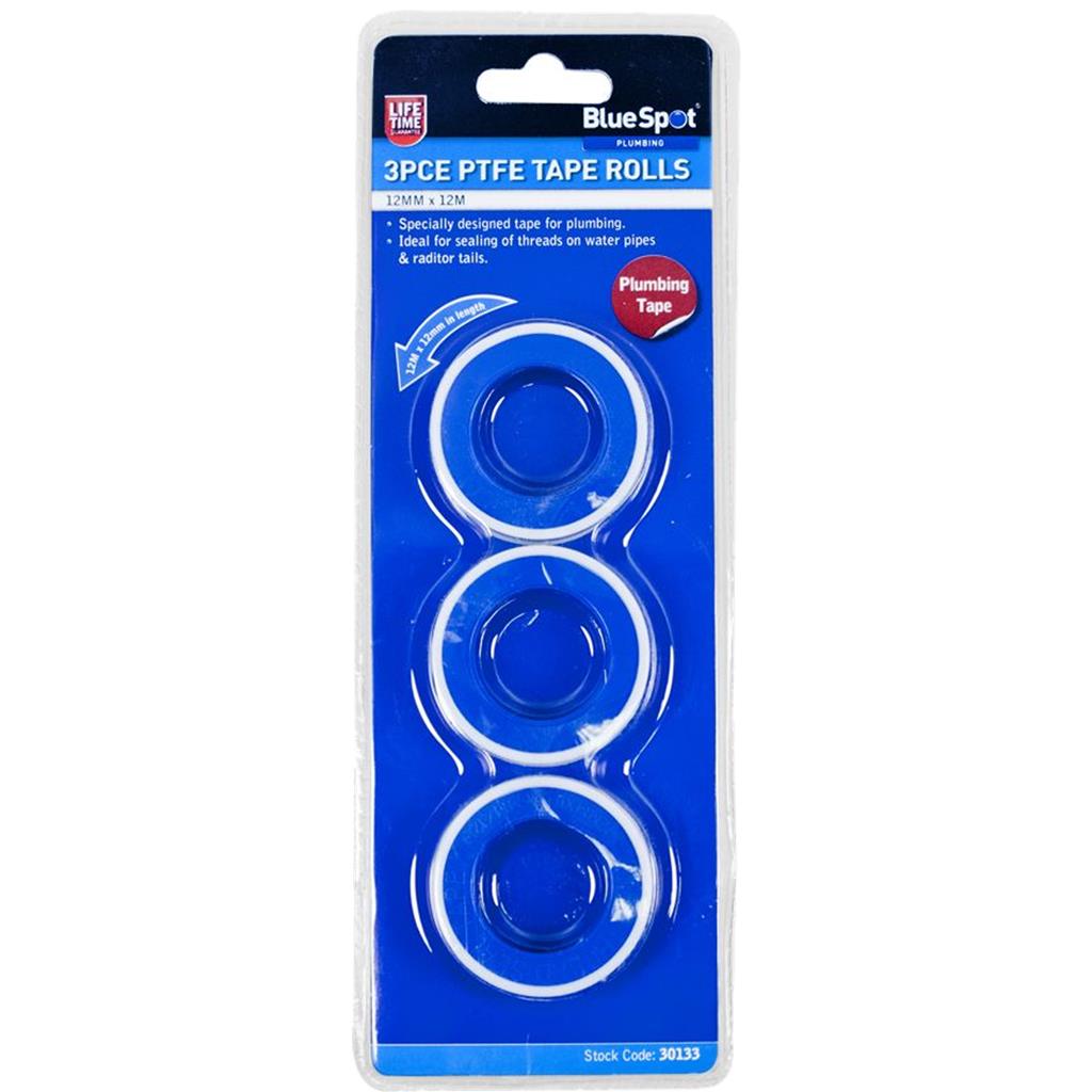 Bluespot3pc White PTFE Threaded Seal Fitting Water Plumbing Tape 12mm x 12m Bluespot3pc White PTFE Threaded Seal Fitting Water Plumbing Tape 12mm x 12m