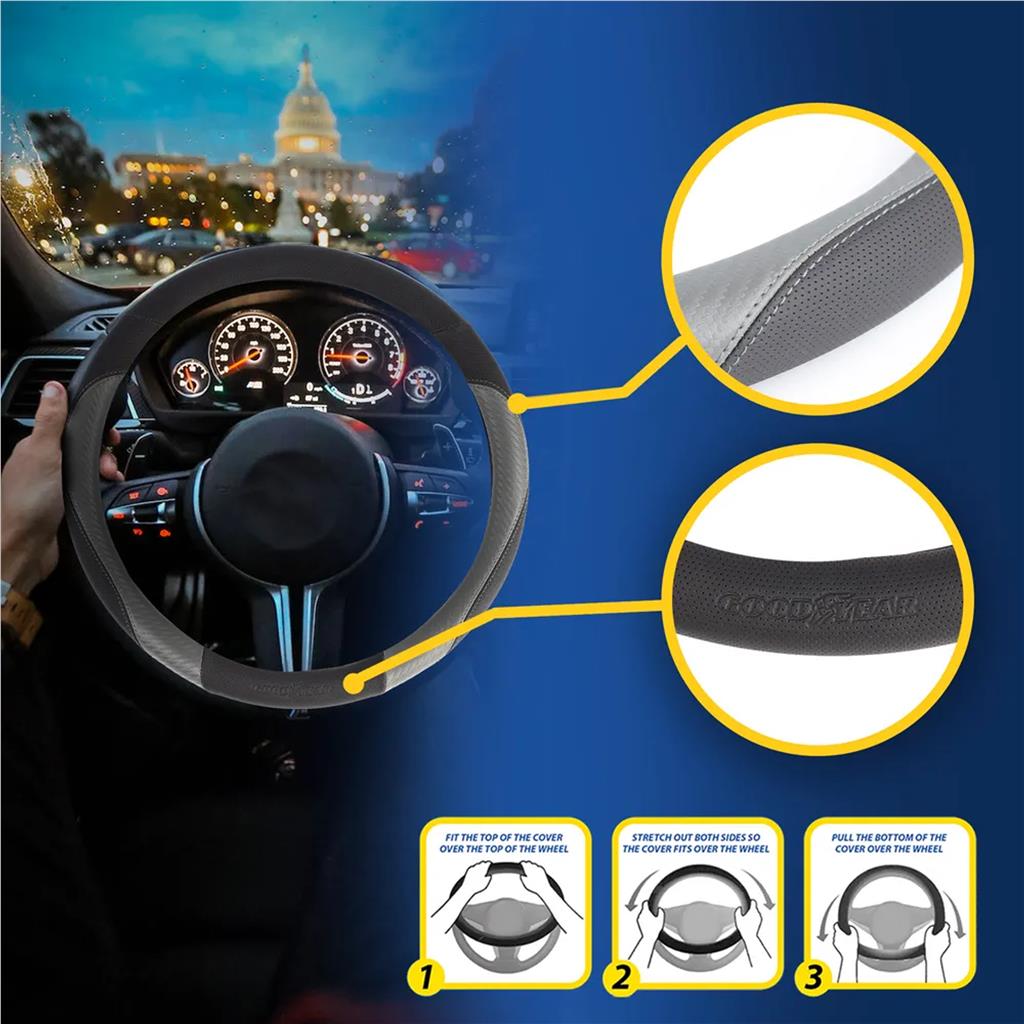 Goodyear Steering Wheel Glove Cover Black & Grey Mat Leather Look Universal Goodyear Steering Wheel Glove Cover Black & Grey Mat Leather Look Universal