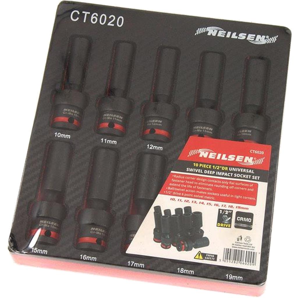 Neilsen Universal Swivel Impact UJ Driver Deep Socket Set 1/2" 10mm - 19mm 10pc Neilsen Universal Swivel Impact UJ Driver Deep Socket Set 1/2" 10mm - 19mm 10pc