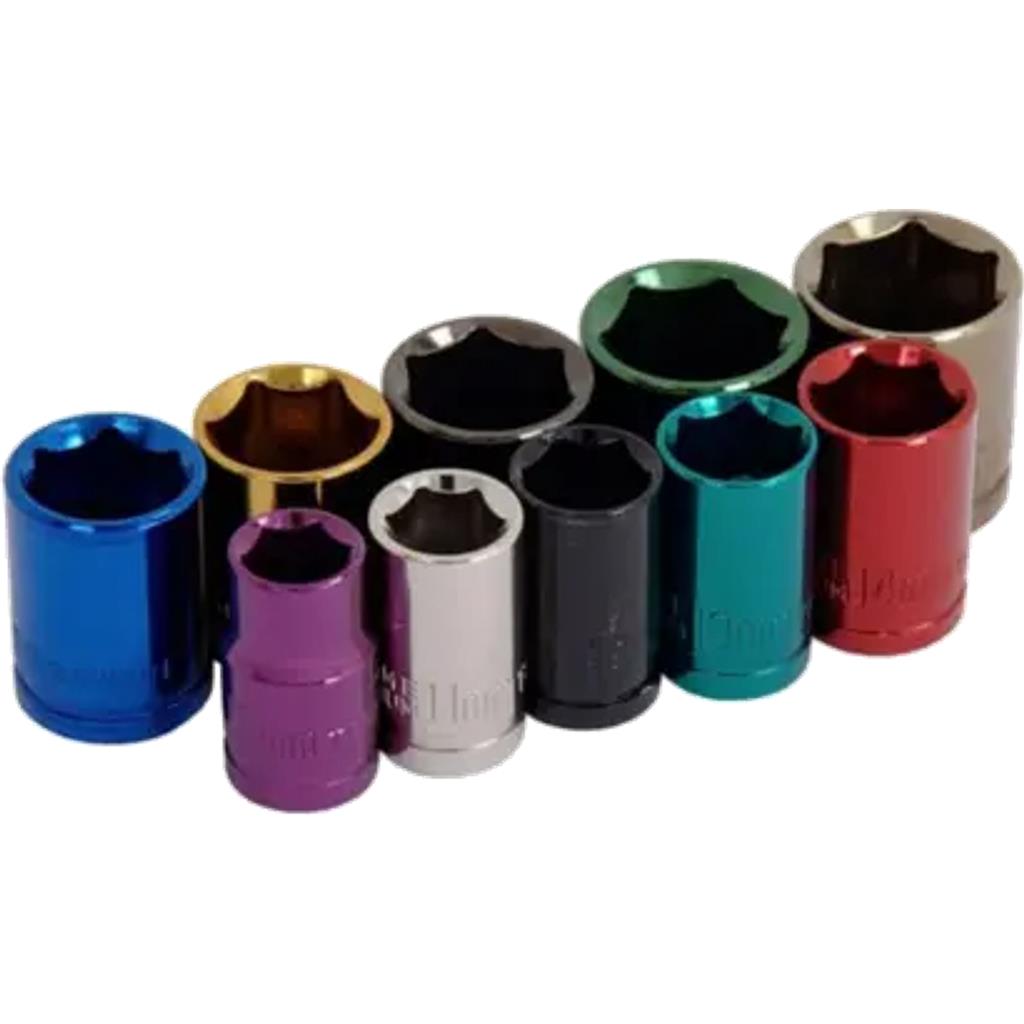Toolzone 10pc Multi Coloured Metric Shallow Socket 10mm - 19mm Set 3/8" Drive Toolzone 10pc Multi Coloured Metric Shallow Socket 10mm - 19mm Set 3/8" Drive