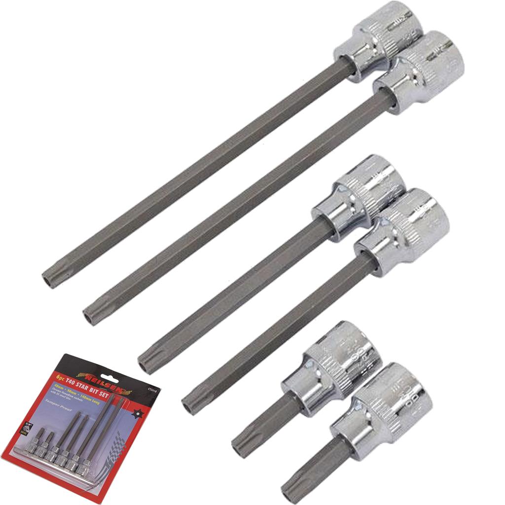 Neilsen 6pc Tamperproof Long Torx Bit Star Socket Set T40 Trx 3/8" Sockets Neilsen 6pc Tamperproof Long Torx Bit Star Socket Set T40 Trx 3/8" Sockets