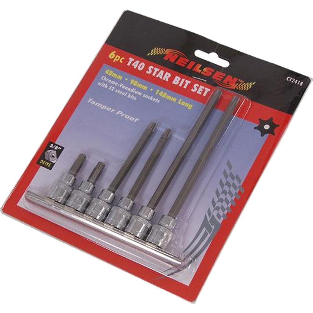 Neilsen 6pc Tamperproof Long Torx Bit Star Socket Set T40 Trx 3/8" Sockets Neilsen 6pc Tamperproof Long Torx Bit Star Socket Set T40 Trx 3/8" Sockets