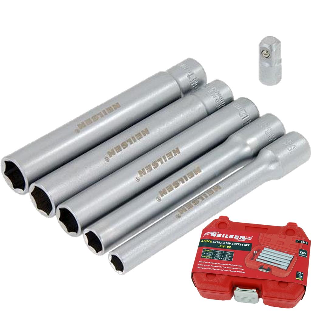 Neilsen Metric Extra Deep Drive Sockets 8mm - 14mm Socket Set In 6pc 3/8" Neilsen Metric Extra Deep Drive Sockets 8mm - 14mm Socket Set In 6pc 3/8"