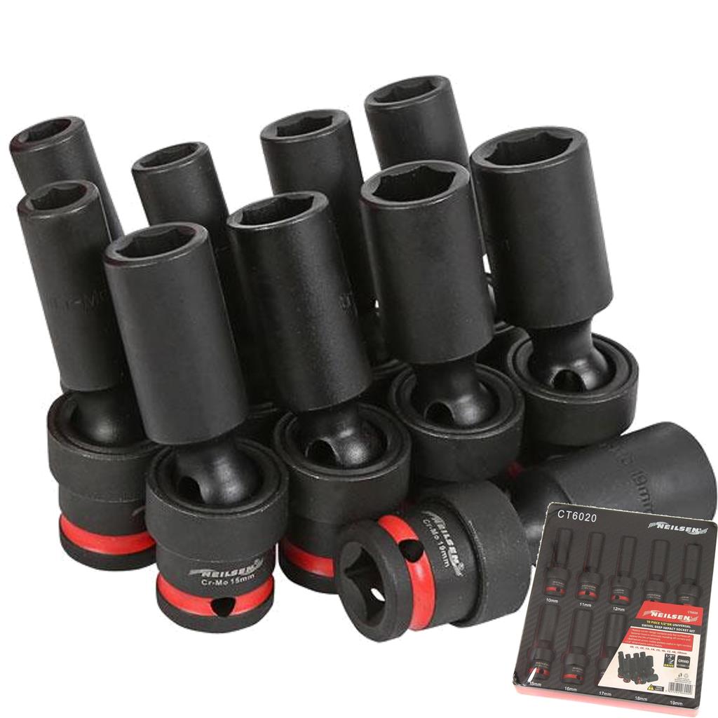 Neilsen Universal Swivel Impact UJ Driver Deep Socket Set 1/2" 10mm - 19mm 10pc Neilsen Universal Swivel Impact UJ Driver Deep Socket Set 1/2" 10mm - 19mm 10pc