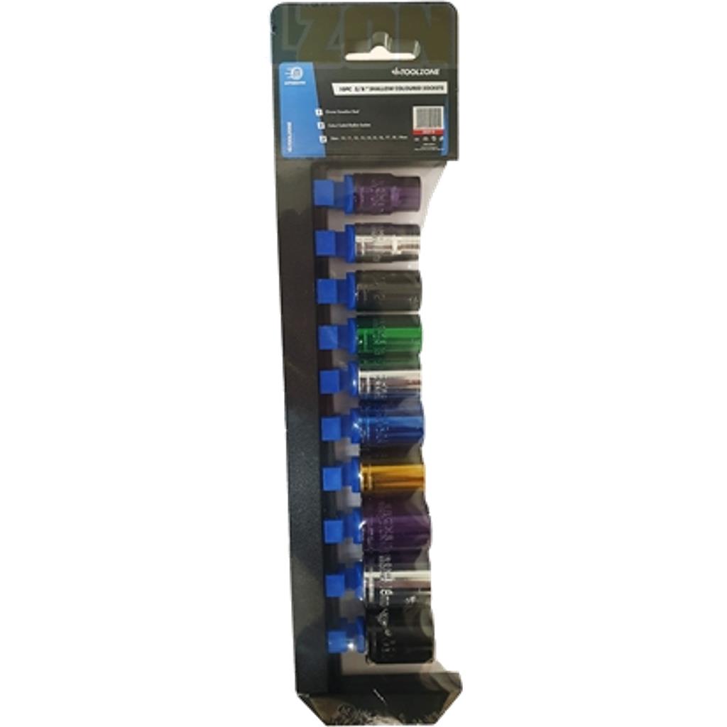 Toolzone 10pc Multi Coloured Metric Shallow Socket 10mm - 19mm Set 3/8" Drive Toolzone 10pc Multi Coloured Metric Shallow Socket 10mm - 19mm Set 3/8" Drive