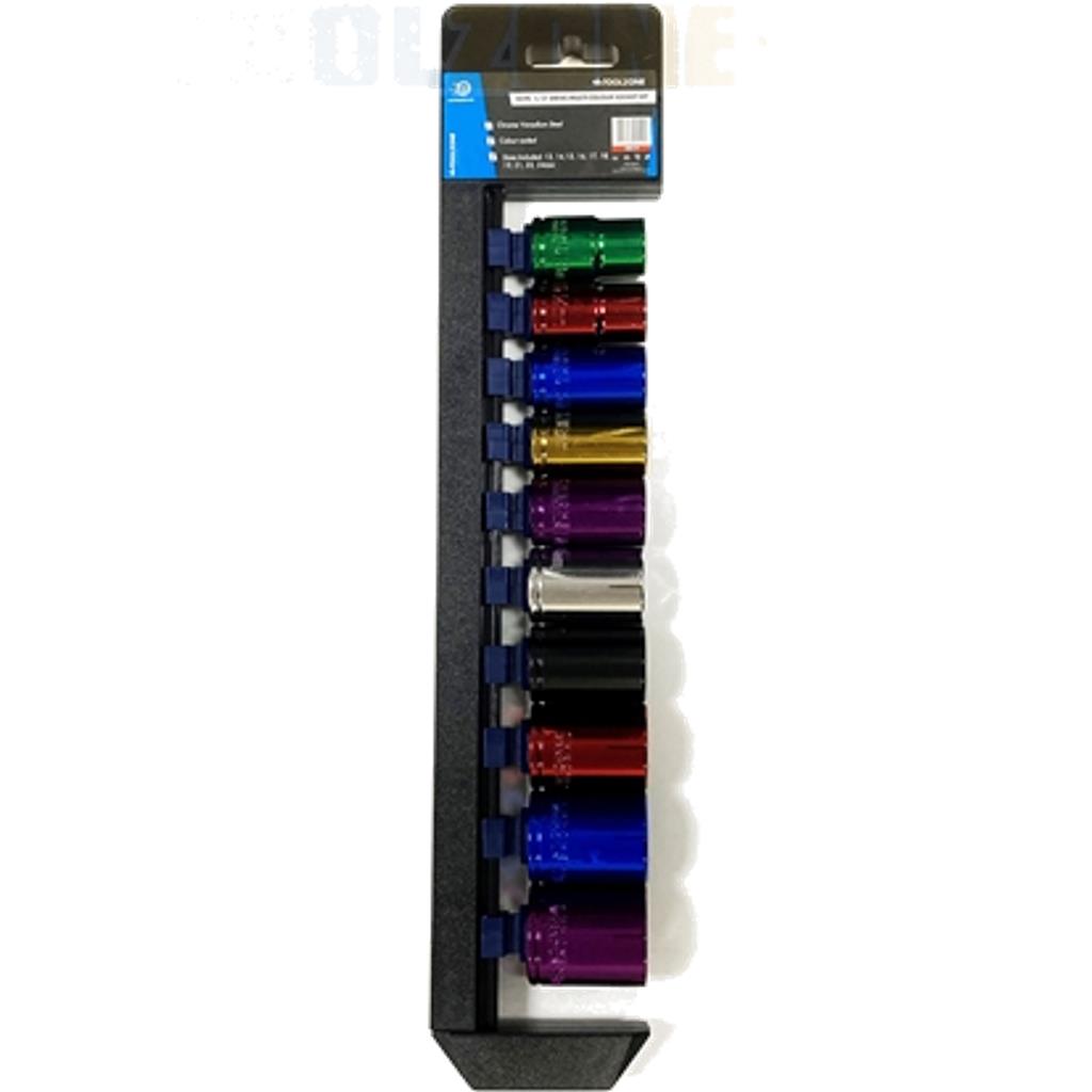 Toolzone 10pc Multi Coloured Metric Shallow Socket 13mm - 24mm Set 1/2" Drive Toolzone 10pc Multi Coloured Metric Shallow Socket 13mm - 24mm Set 1/2" Drive