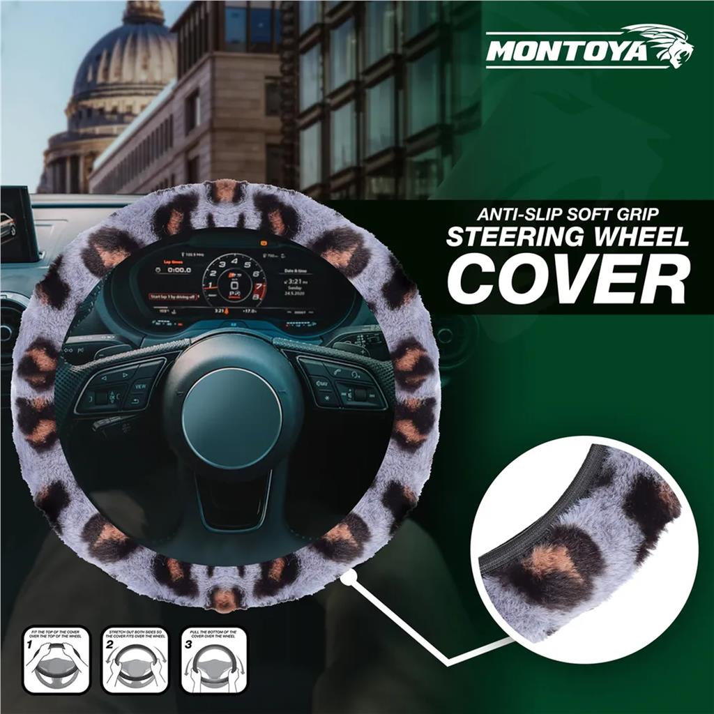 Montoya Steering Wheel Glove Cover Soft Grip Full Leopard Grey Print Universal Montoya Steering Wheel Glove Cover Soft Grip Full Leopard Grey Print Universal