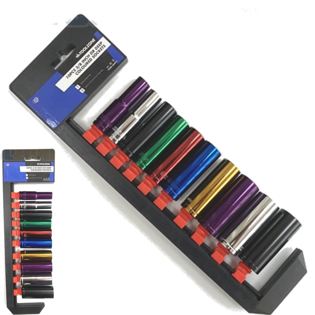 Toolzone 10pc Multi Coloured Metric Deep Socket 10mm - 19mm Set 3/8" Drive Toolzone 10pc Multi Coloured Metric Deep Socket 10mm - 19mm Set 3/8" Drive