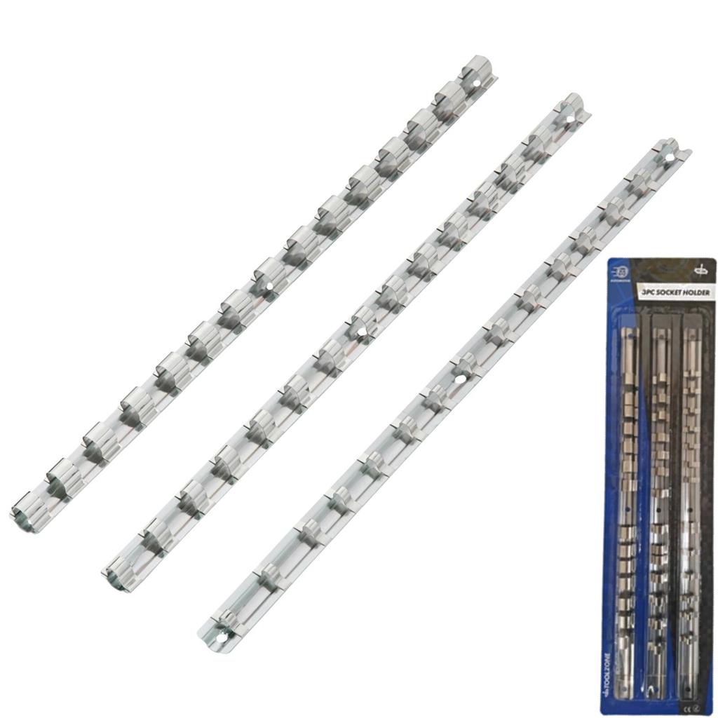 Toolzone 3pc Socket Rail Set Retaining Storage Holder 1/4" 1/2" 3/8" Sockets Toolzone 3pc Socket Rail Set Retaining Storage Holder 1/4" 1/2" 3/8" Sockets