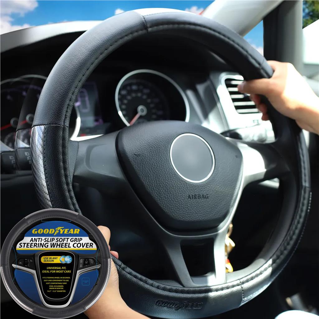 Goodyear Steering Wheel Glove Cover Black & Grey Gloss Leather Look Universal Goodyear Steering Wheel Glove Cover Black & Grey Gloss Leather Look Universal