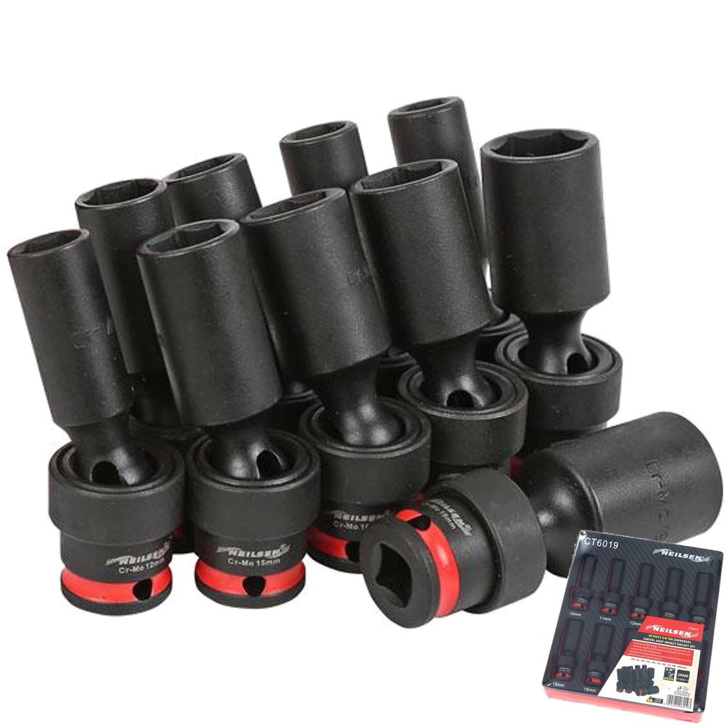 Neilsen Universal Swivel Impact UJ Driver Deep Socket Set 3/8" 10mm - 19mm 10pc Neilsen Universal Swivel Impact UJ Driver Deep Socket Set 3/8" 10mm - 19mm 10pc