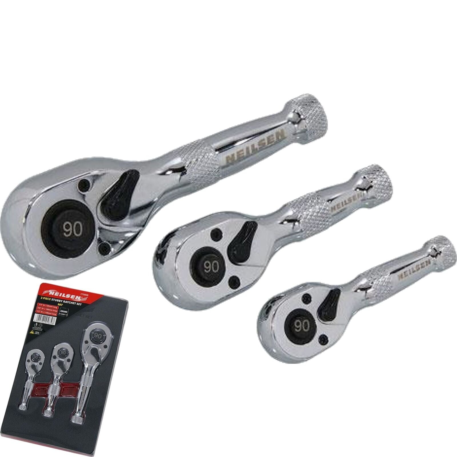 Neilsen Stubby Socket Ratchet Handle Set 1/4" 3/8" 1/2" 90T Set In EVA Foam 3pc Neilsen Stubby Socket Ratchet Handle Set 1/4" 3/8" 1/2" 90T Set In EVA Foam 3pc