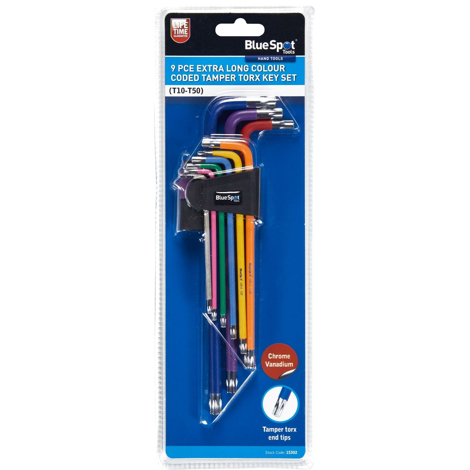 BlueSpot Extra Long Colour Coded Ball End Metric Hex Key Set 9pc T10-T50 BlueSpot Extra Long Colour Coded Ball End Metric Hex Key Set 9pc T10-T50