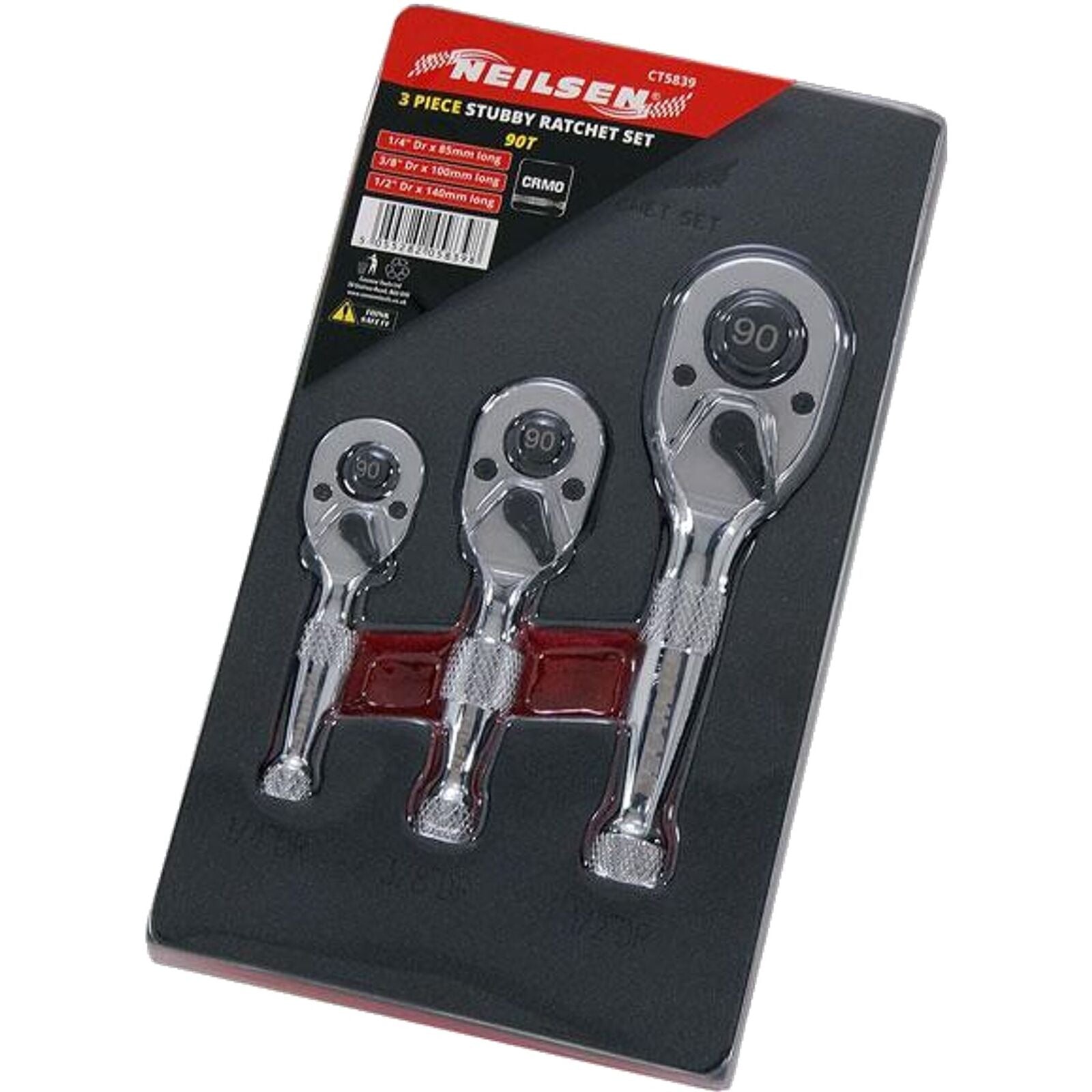 Neilsen Stubby Socket Ratchet Handle Set 1/4" 3/8" 1/2" 90T Set In EVA Foam 3pc Neilsen Stubby Socket Ratchet Handle Set 1/4" 3/8" 1/2" 90T Set In EVA Foam 3pc