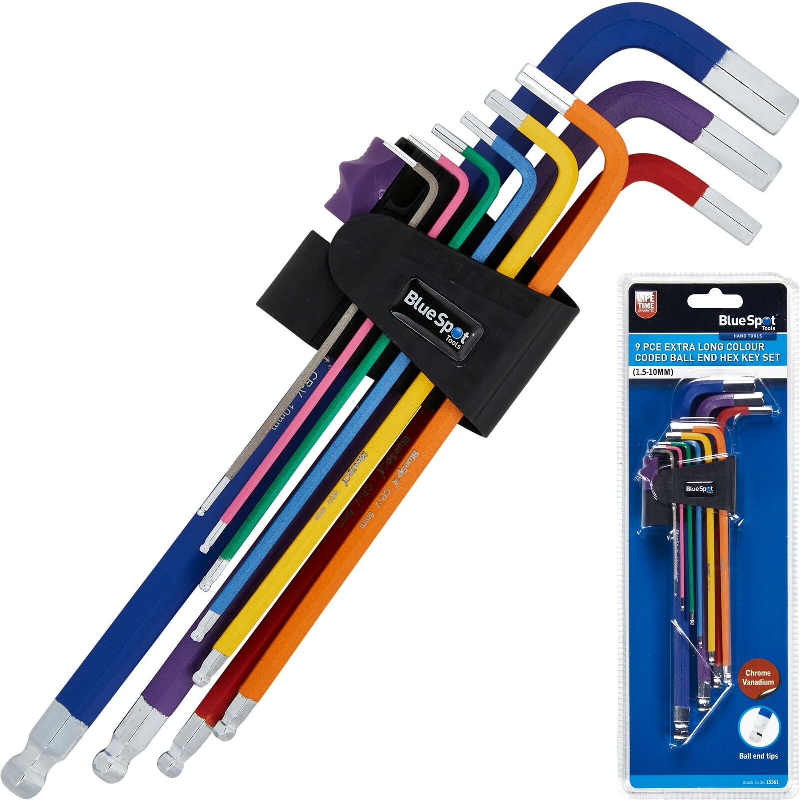 BlueSpot Extra Long Colour Coded Ball End Metric Hex Key Set 9pc 1.5-10mm BlueSpot Extra Long Colour Coded Ball End Metric Hex Key Set 9pc 1.5-10mm