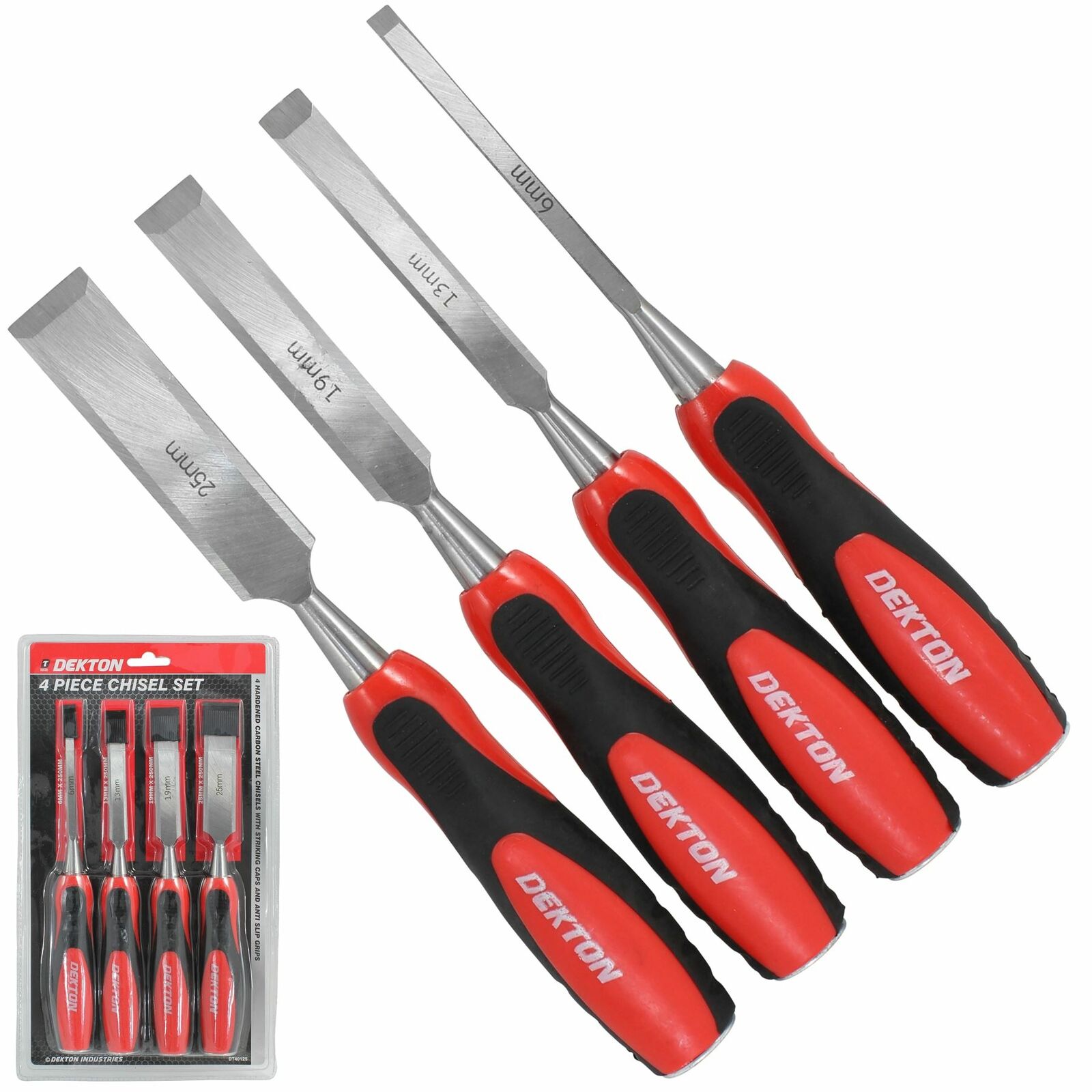 Dekton 4pc Wood Chisel Set Woodworking Carpentry Bevel Edge  6mm 13mm 19mm 25mm Dekton 4pc Wood Chisel Set Woodworking Carpentry Bevel Edge  6mm 13mm 19mm 25mm