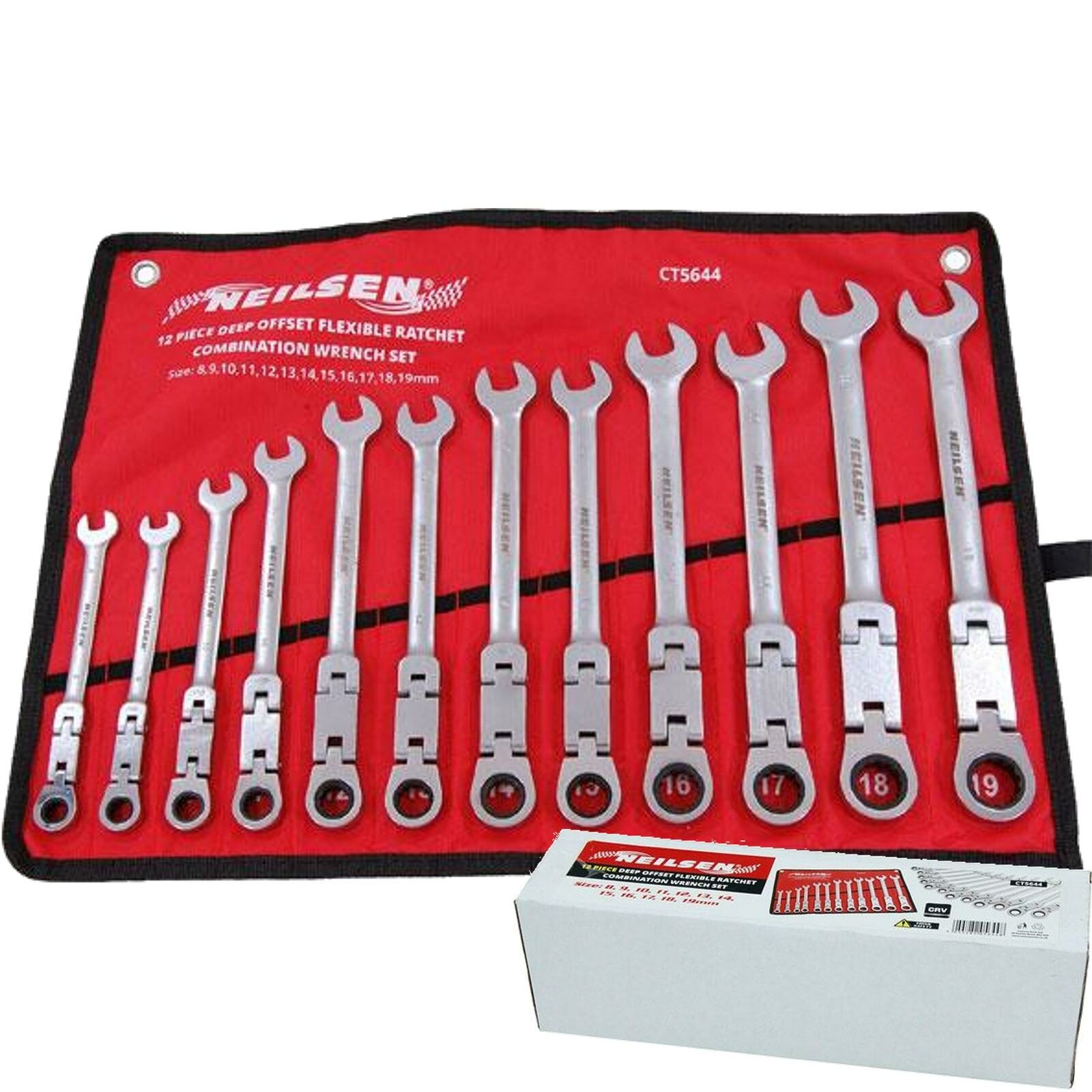 Neilsen Ratchet Spanner Set Flexible Head Combination 8mm-19mm Deep Offset 12pc Neilsen Ratchet Spanner Set Flexible Head Combination 8mm-19mm Deep Offset 12pc