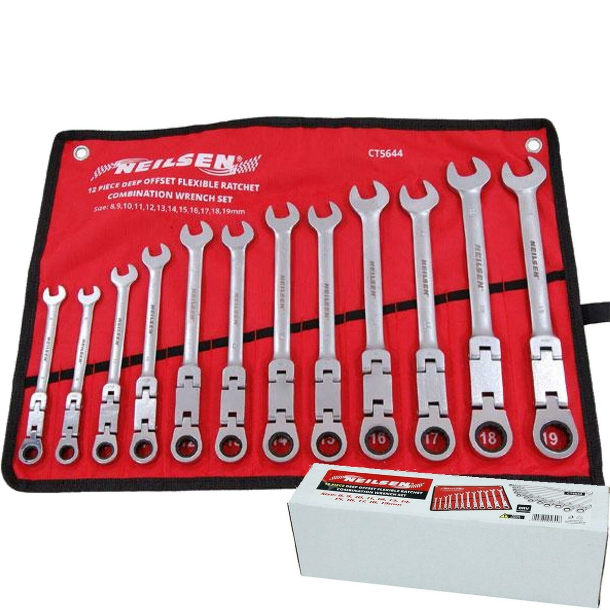 Neilsen Ratchet Spanner Set Flexible Head Combination 8mm-19mm Deep Offset 12pc