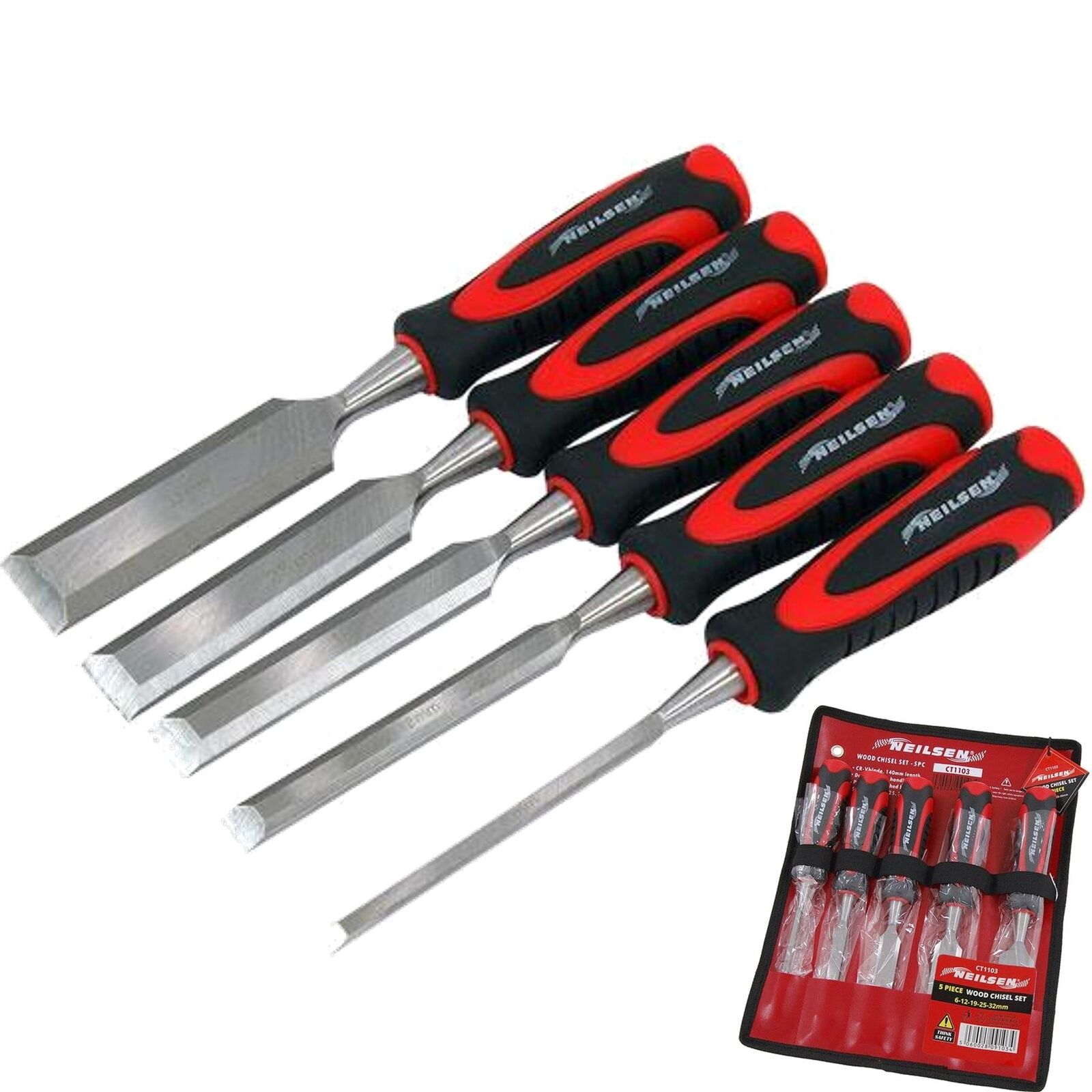 Neilsen 5pc Wood Bevel Edge Carpentry Joiner Woodwork Chisel Set Soft Grip Neilsen 5pc Wood Bevel Edge Carpentry Joiner Woodwork Chisel Set Soft Grip