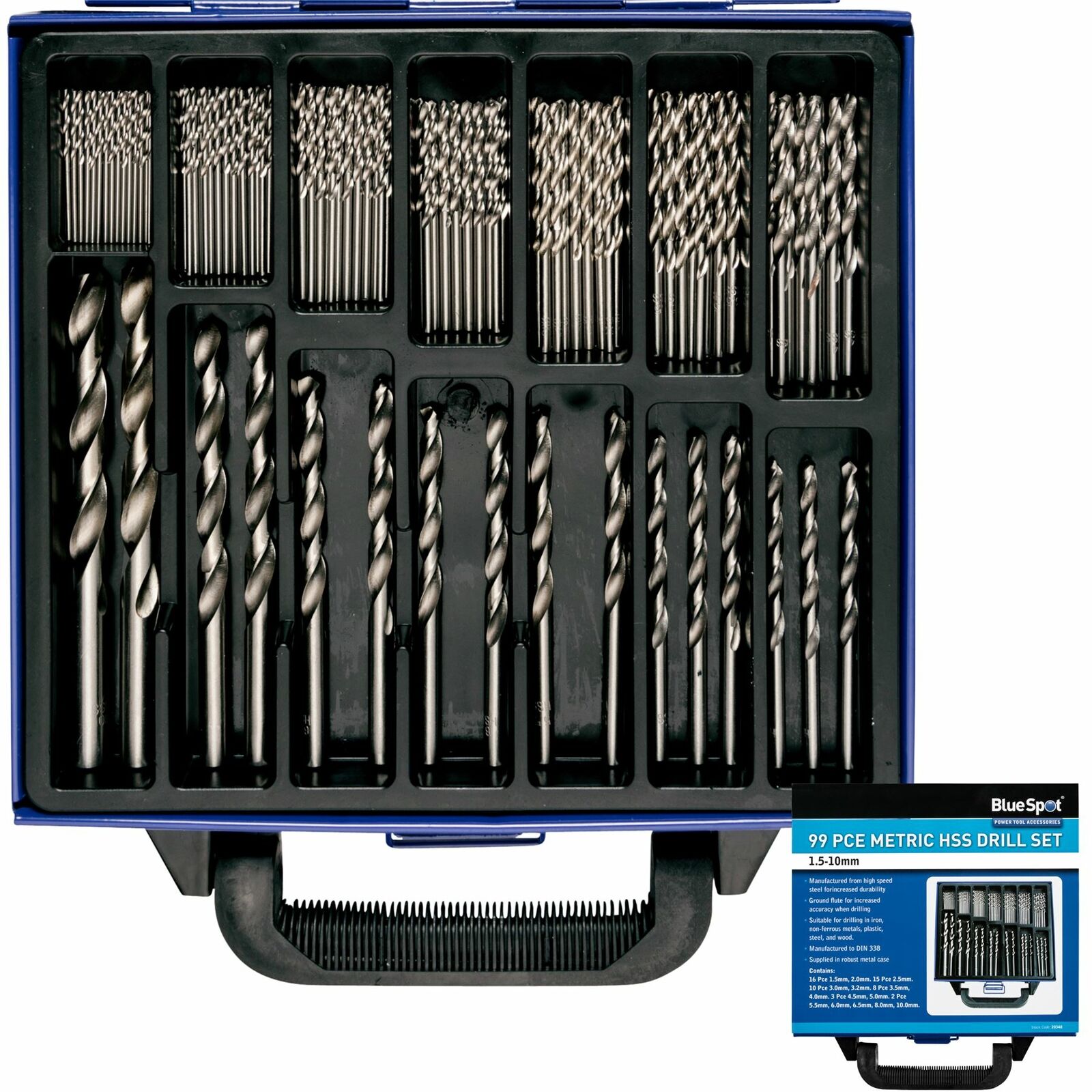 BlueSpot Metal HSS Metric 99pc Drill Bits Set 1.5 to 10mm for Steel Metal Wood BlueSpot Metal HSS Metric 99pc Drill Bits Set 1.5 to 10mm for Steel Metal Wood