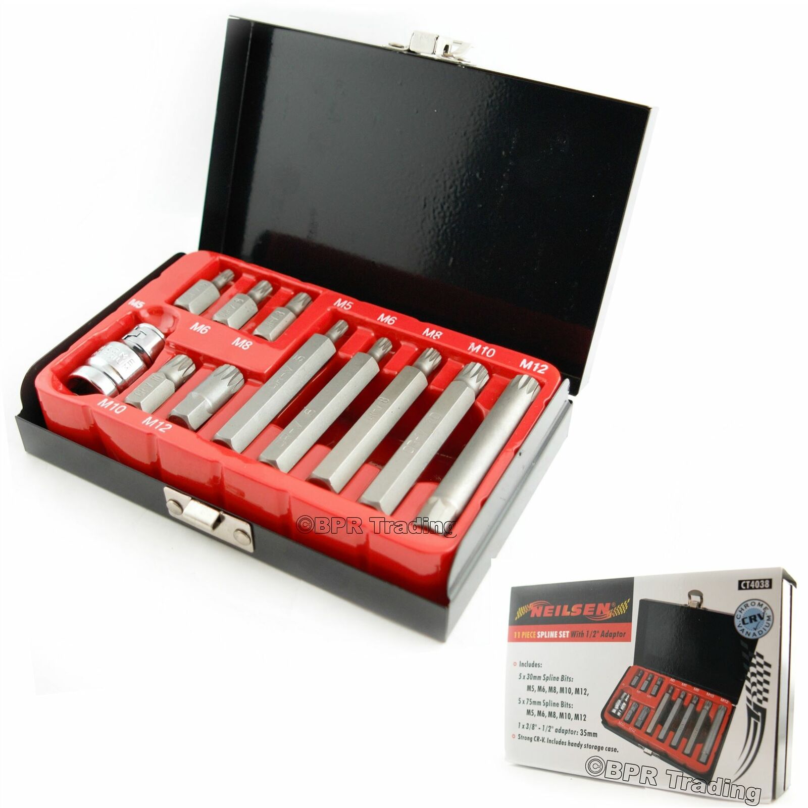Neilsen 11pc Spline Bit Set 1/2" Socket M5 M6 M8 M10 M12 & Handy Metal Case Neilsen 11pc Spline Bit Set 1/2" Socket M5 M6 M8 M10 M12 & Handy Metal Case