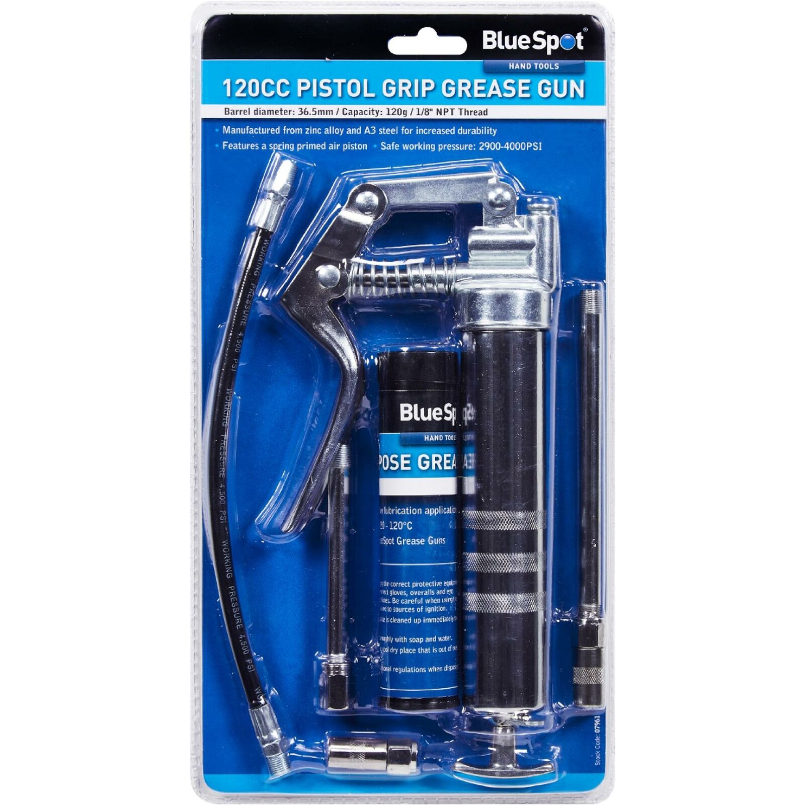 BlueSpot Manual Grease Gun Lever Pistol Grip 120cc Cartridge Type Flexi Hose BlueSpot Manual Grease Gun Lever Pistol Grip 120cc Cartridge Type Flexi Hose