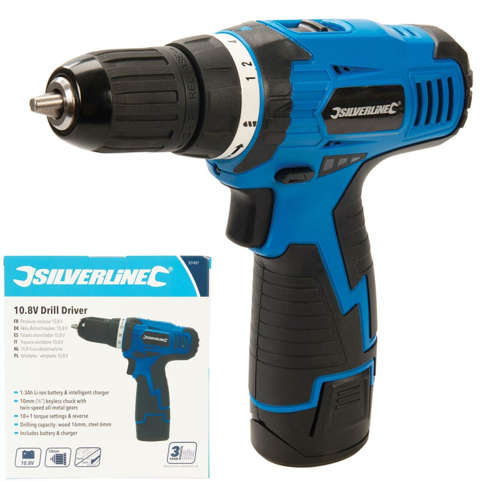 Silverline 10.8V Electric Drill Driver Screwdriver Keyless Chuck Li-Ion Battery Silverline 10.8V Electric Drill Driver Screwdriver Keyless Chuck Li-Ion Battery