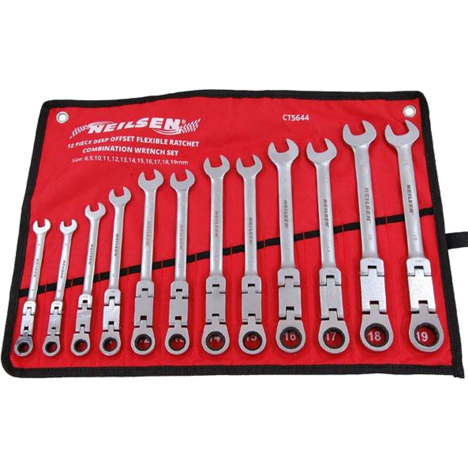Neilsen Ratchet Spanner Set Flexible Head Combination 8mm-19mm Deep Offset 12pc Neilsen Ratchet Spanner Set Flexible Head Combination 8mm-19mm Deep Offset 12pc