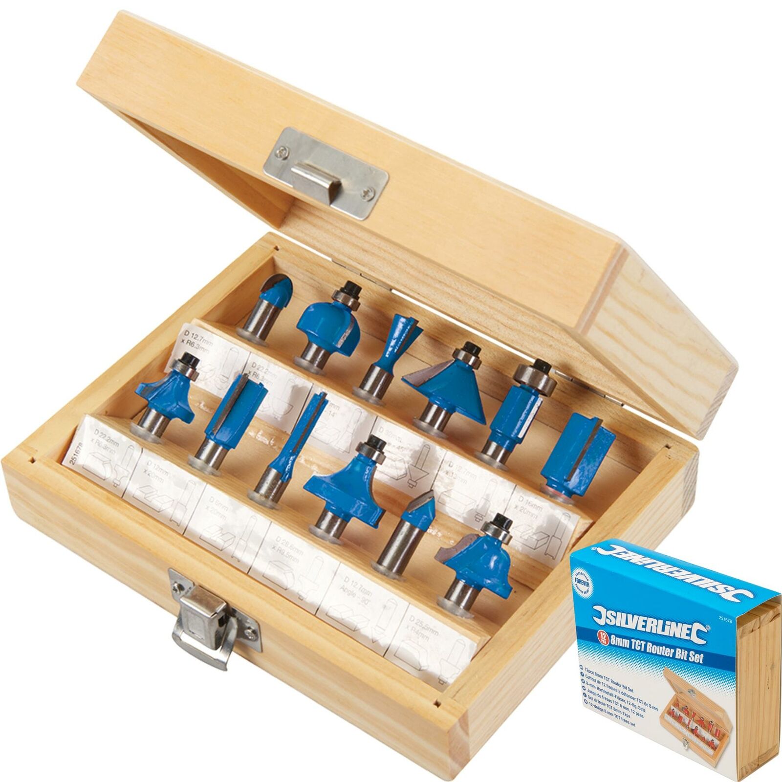 Silverline 12pc TCT Edge Cutting Router Bits 8mm Shank Grooving Rounding Bit Set Silverline 12pc TCT Edge Cutting Router Bits 8mm Shank Grooving Rounding Bit Set