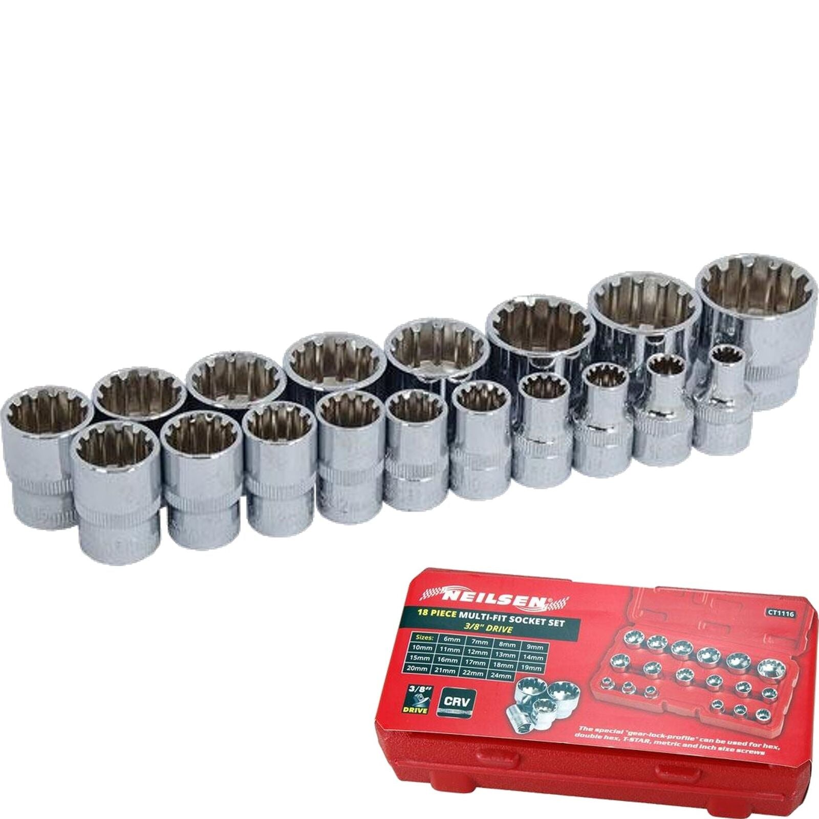 Neilsen Metric Multi Drive Sockets 6mm - 24mm Socket Set In Bmc 18pc 3/8" Neilsen Metric Multi Drive Sockets 6mm - 24mm Socket Set In Bmc 18pc 3/8"