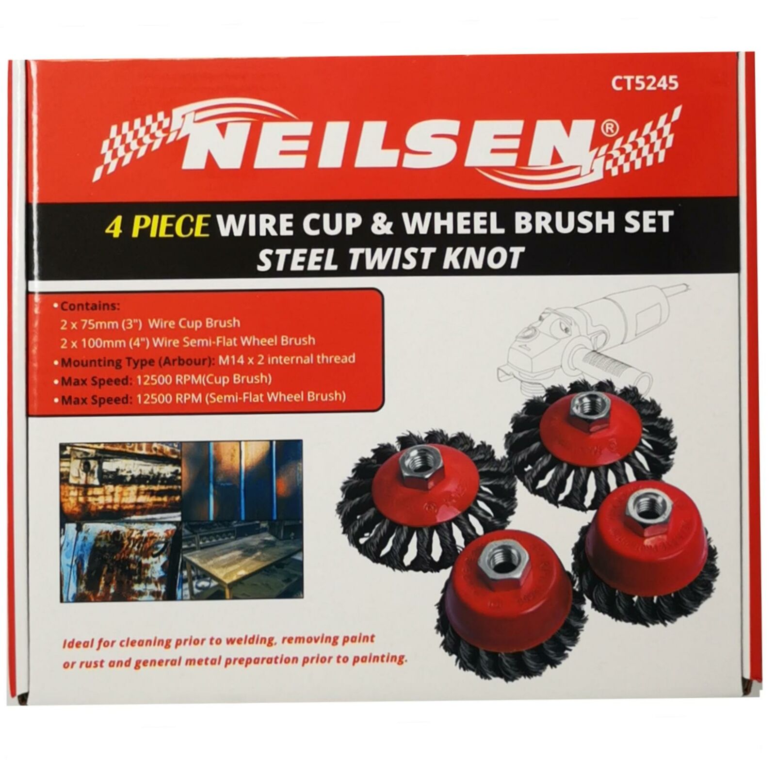 Neilsen 4pc Knot Wire Cup Wheel Brush 75mm 100mm Rust Remover Angle Grinder Set Neilsen 4pc Knot Wire Cup Wheel Brush 75mm 100mm Rust Remover Angle Grinder Set