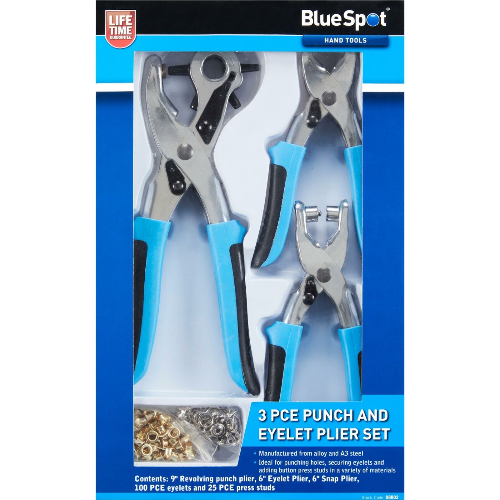 BlueSpot 3pc Revolving Leather Hole Punch And Eyelet Plier Set Puncher Belts Cut BlueSpot 3pc Revolving Leather Hole Punch And Eyelet Plier Set Puncher Belts Cut