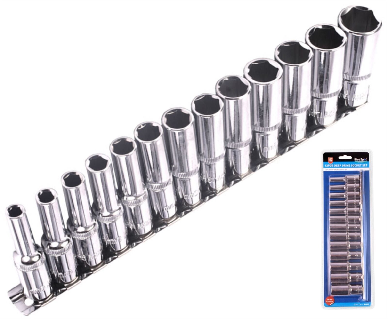 Bluespot Metric Deep Socket Set/ Long Reach Sockets On Rail 3/8" Drive 6-19mm Bluespot Metric Deep Socket Set/ Long Reach Sockets On Rail 3/8" Drive 6-19mm