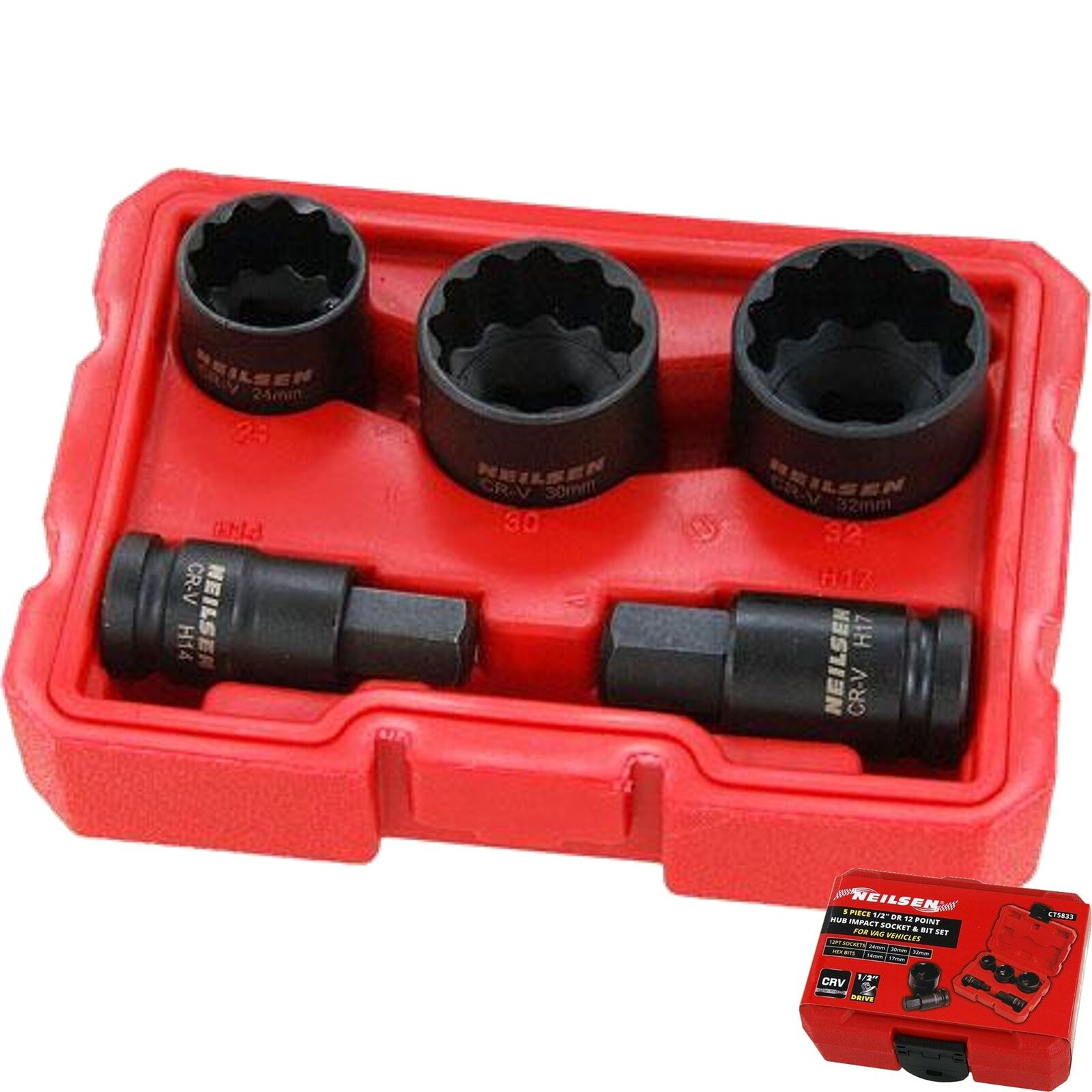 Neilsen Hub Impact Socket & Bit For Vag Vehicles 12 Point Set 1/2" Drive Neilsen Hub Impact Socket & Bit For Vag Vehicles 12 Point Set 1/2" Drive