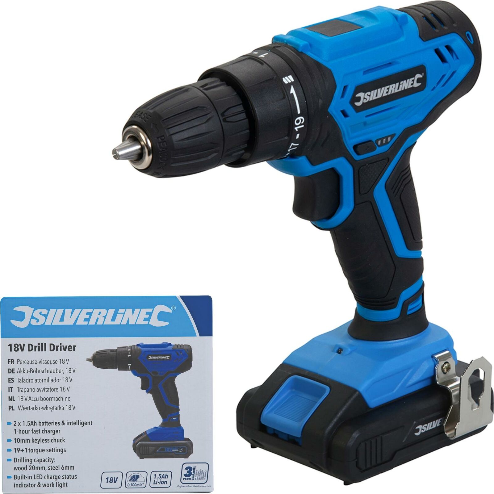 Silverline 18V Electric Drill Driver Screwdriver Keyless Chuck Li-Ion Battery Silverline 18V Electric Drill Driver Screwdriver Keyless Chuck Li-Ion Battery