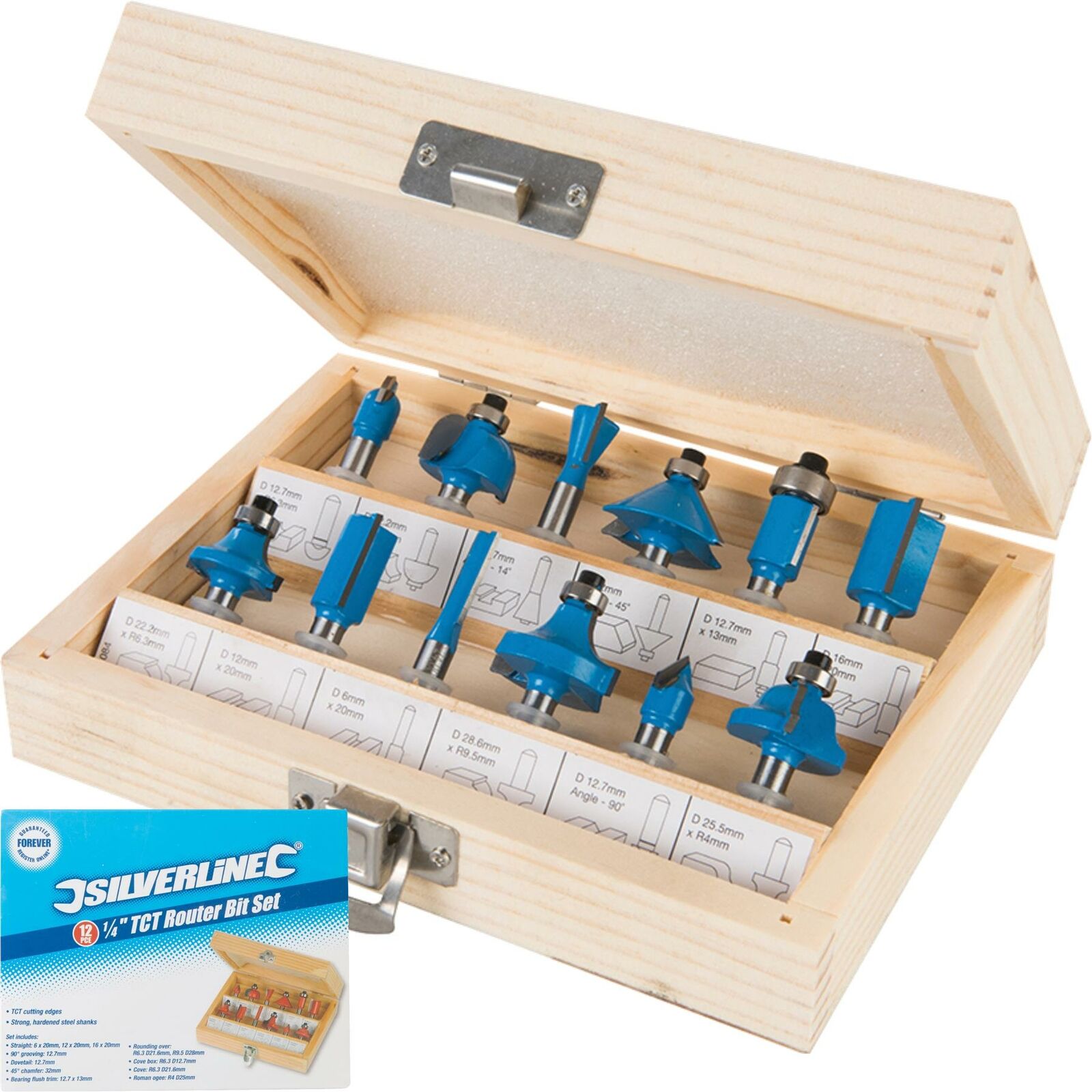 Silverline 12pc TCT Edge Cutting Router Bits 1/4? Shank Grooving Rounding Set Silverline 12pc TCT Edge Cutting Router Bits 1/4? Shank Grooving Rounding Set