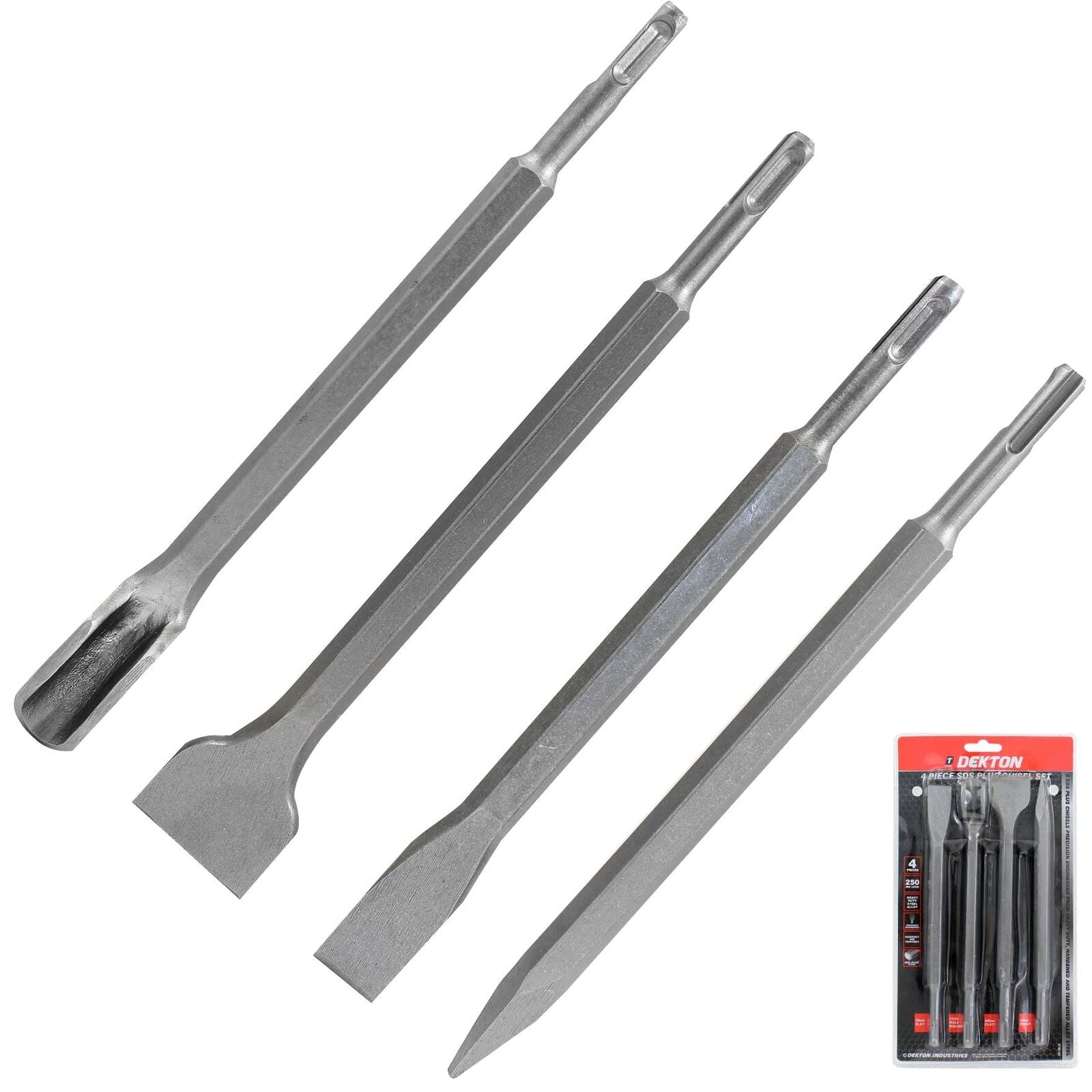 Dekton 4 Pc 250mm SDS Drill Chisels Masonry Chisel Bit Set Pointed Flat Round Dekton 4 Pc 250mm SDS Drill Chisels Masonry Chisel Bit Set Pointed Flat Round