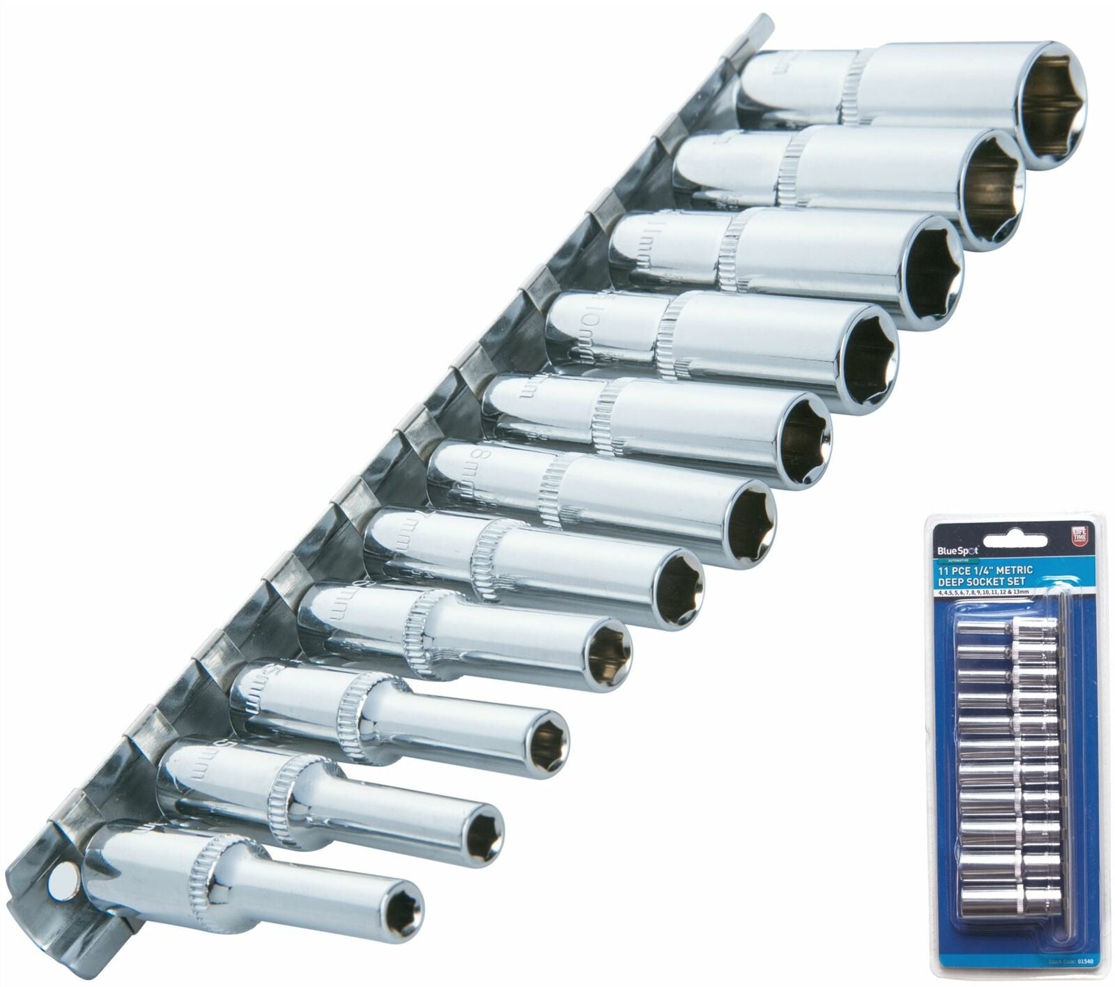 BlueSpot Metric Deep Socket Set/ Long Reach Sockets On Rail 1/4" Drive 4-13mm BlueSpot Metric Deep Socket Set/ Long Reach Sockets On Rail 1/4" Drive 4-13mm