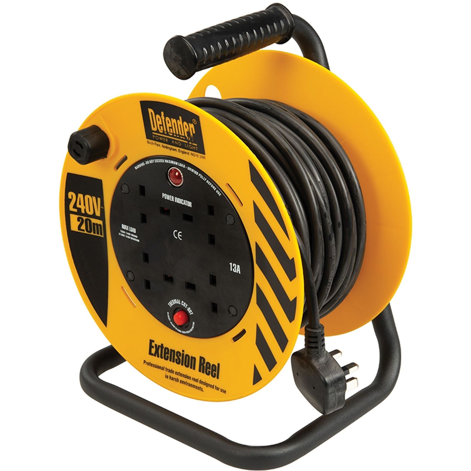 Defender 240V Lightweight Cable Extension Reel 1.25mm2 4-Way 13A 20m Power Tools Defender 240V Lightweight Cable Extension Reel 1.25mm2 4-Way 13A 20m Power Tools