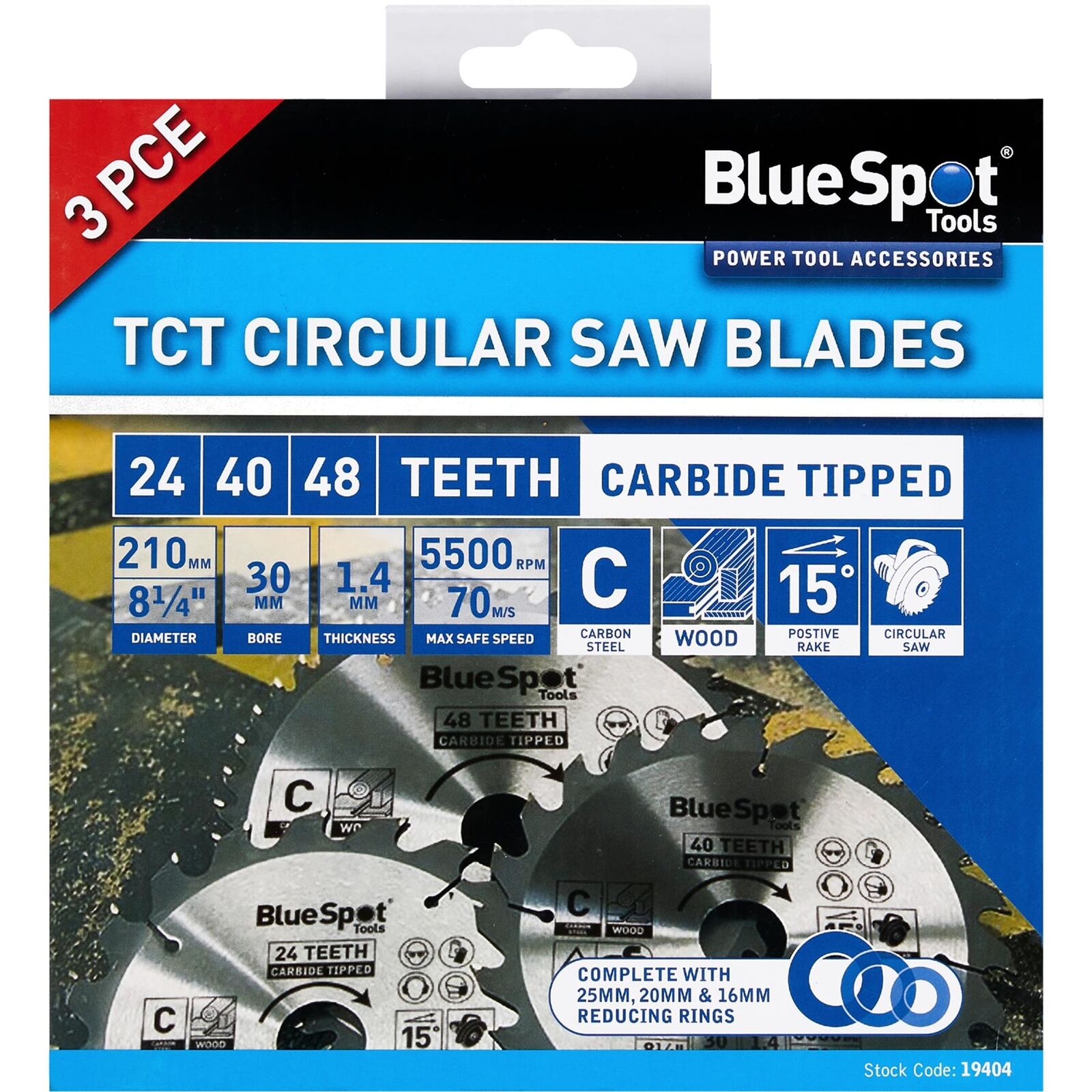 BlueSpot 210mm Circular Mitre Saw Blade 30mm Bore 25 20 16mm Rings 24 40 48T 3pc BlueSpot 210mm Circular Mitre Saw Blade 30mm Bore 25 20 16mm Rings 24 40 48T 3pc