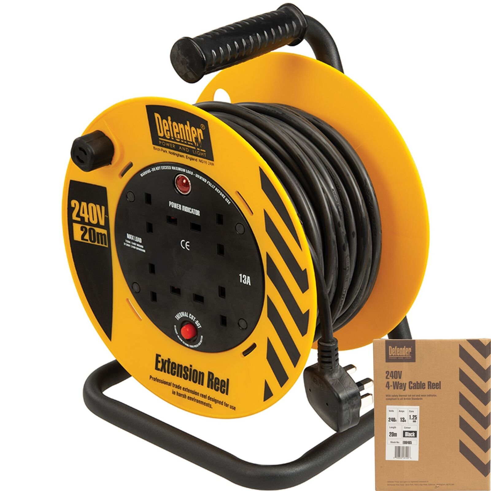 Defender 240V Lightweight Cable Extension Reel 1.25mm2 4-Way 13A 20m Power Tools Defender 240V Lightweight Cable Extension Reel 1.25mm2 4-Way 13A 20m Power Tools