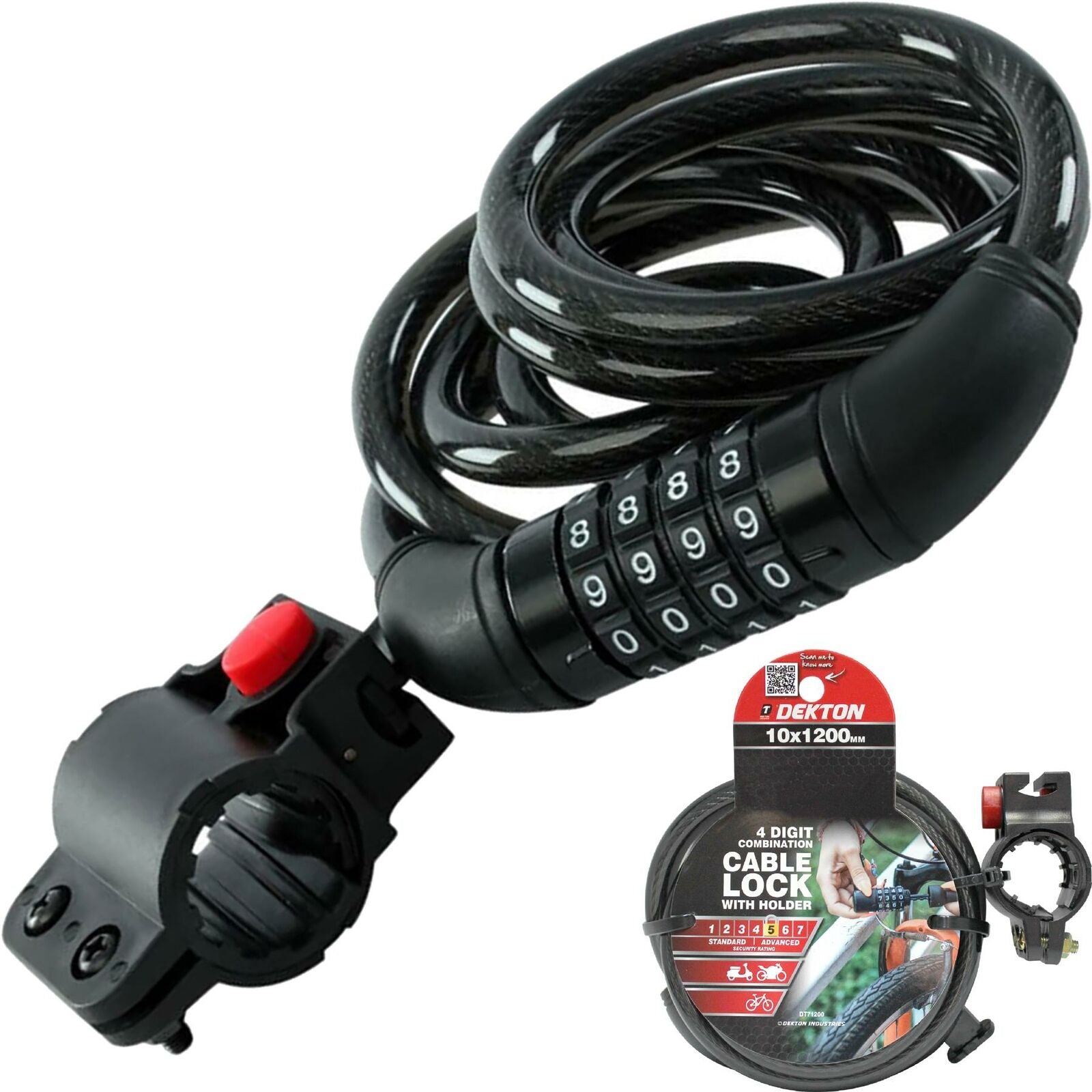 Dekton 4 Digit Combination Security Spiral Steel Cable Lock Bike 10mm x 1.2m Dekton 4 Digit Combination Security Spiral Steel Cable Lock Bike 10mm x 1.2m