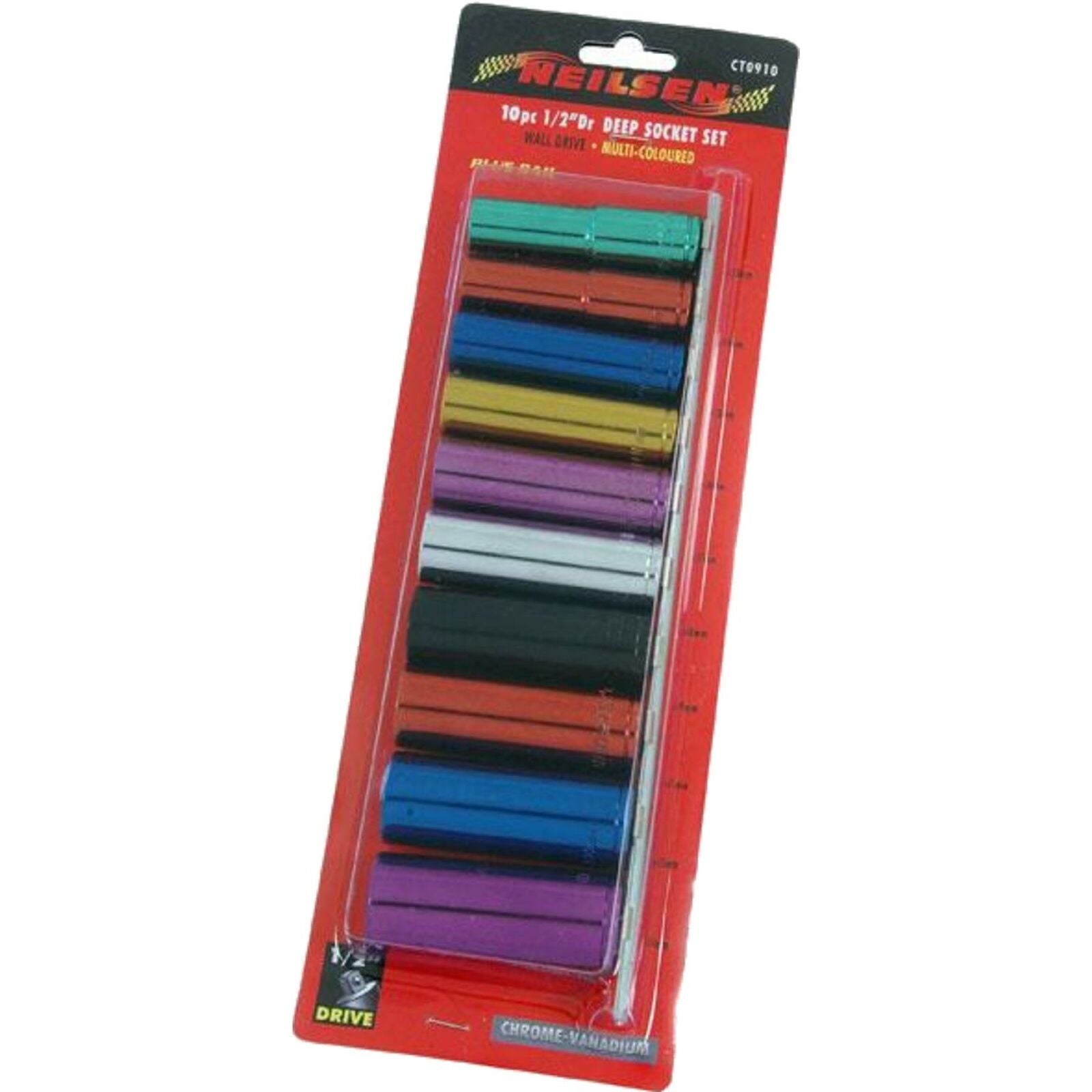 Neilsen 10pc Multi Coloured Metric Deep Socket 13mm - 24mm 6pt Set 1/2" Drive Neilsen 10pc Multi Coloured Metric Deep Socket 13mm - 24mm 6pt Set 1/2" Drive