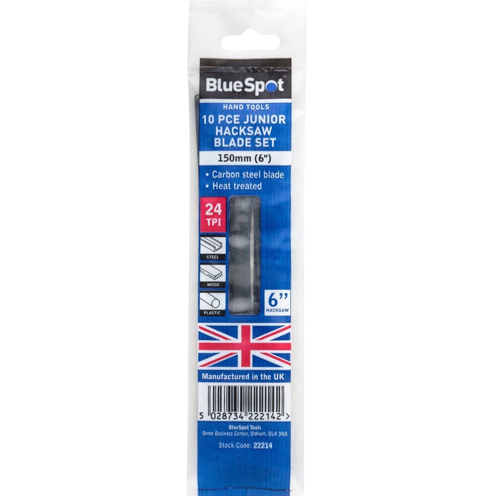 Bluespot 10pc Junior Hacksaw Blade Set 150mm Carbon Steel British Made 6" Bluespot 10pc Junior Hacksaw Blade Set 150mm Carbon Steel British Made 6"