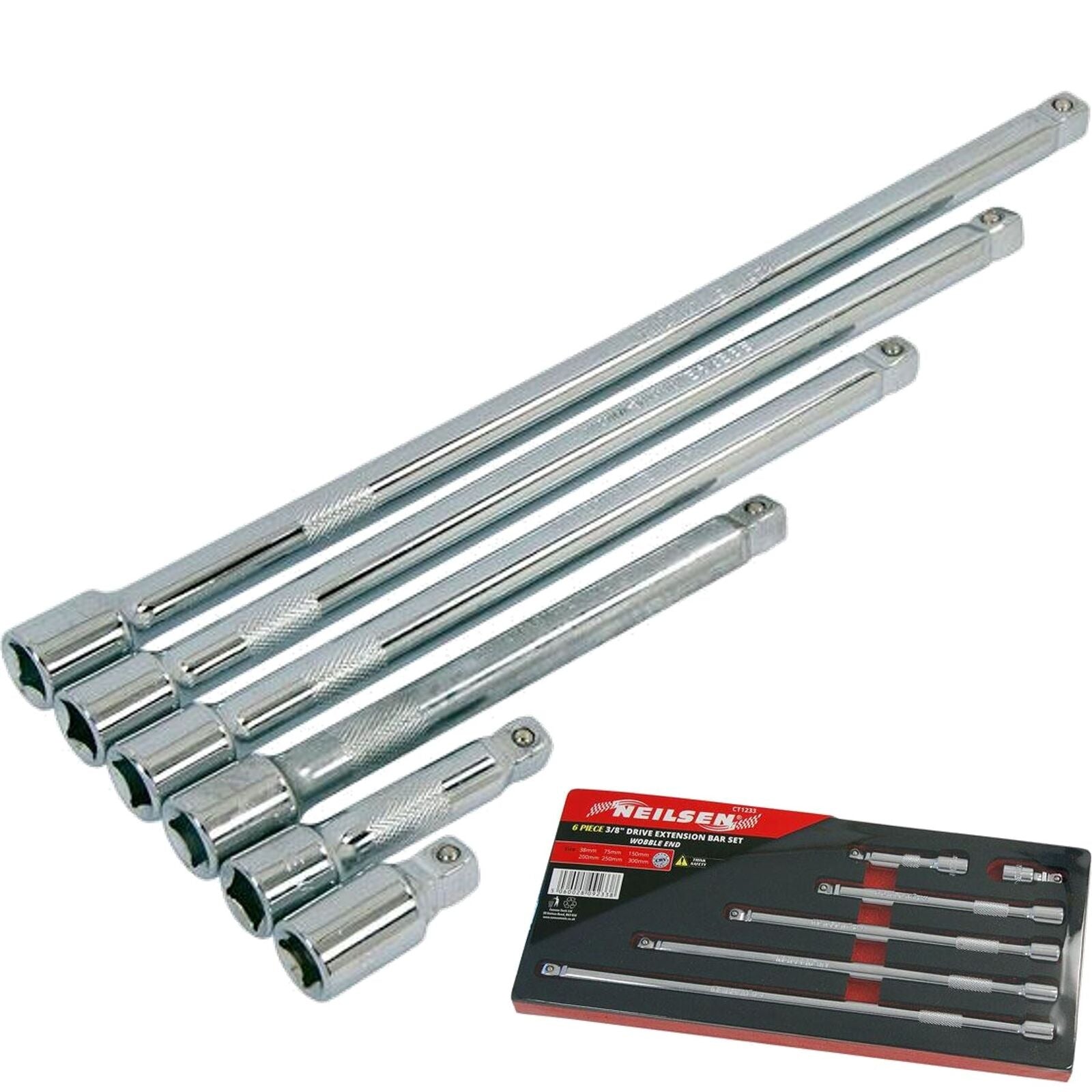 Neilsen Socket Wobble Extension Bar Set 38 75 150 200 250 300mm Long 6pc 3/8" Neilsen Socket Wobble Extension Bar Set 38 75 150 200 250 300mm Long 6pc 3/8"