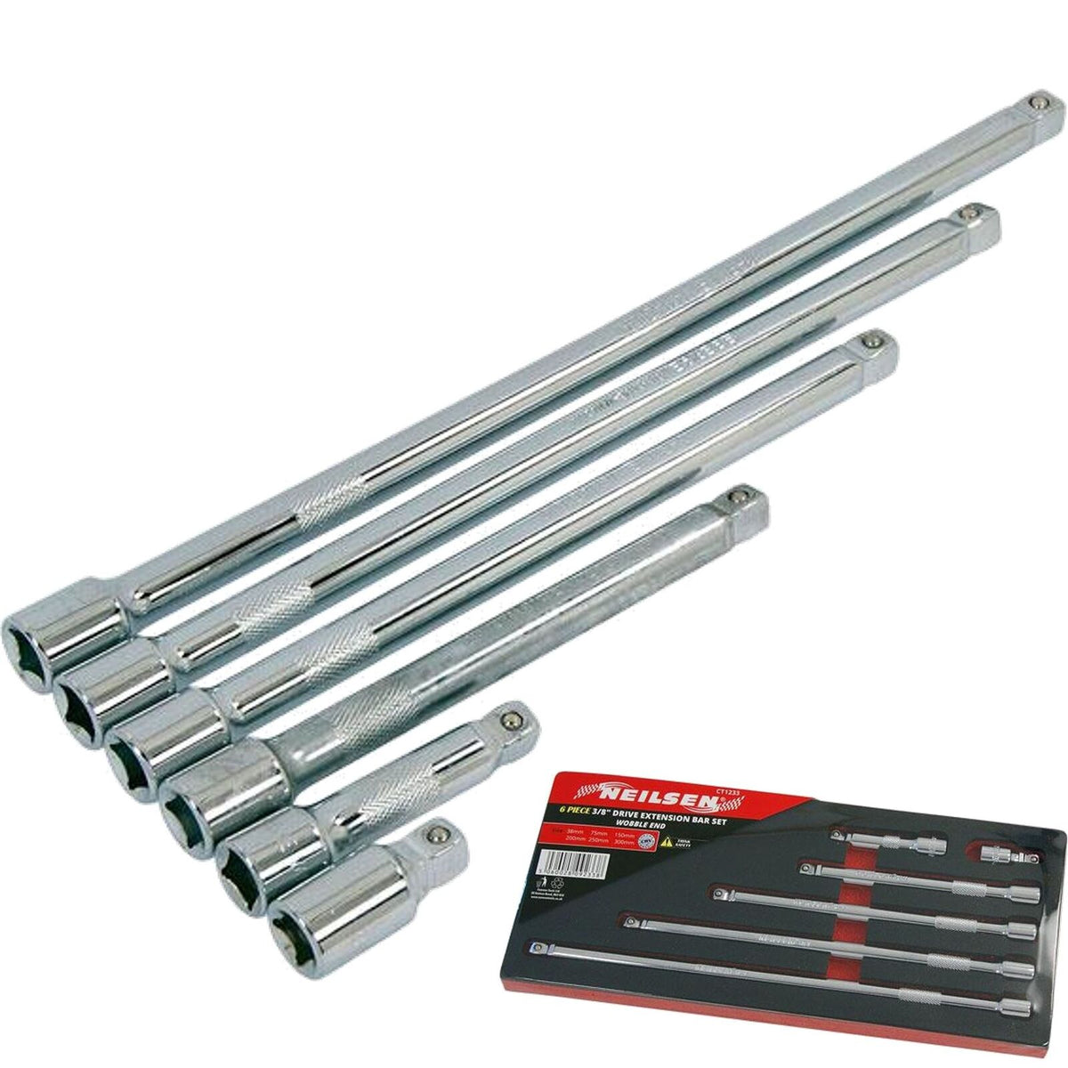 Neilsen Socket Wobble Extension Bar Set 38 75 150 200 250 300mm Long 6pc 3/8"