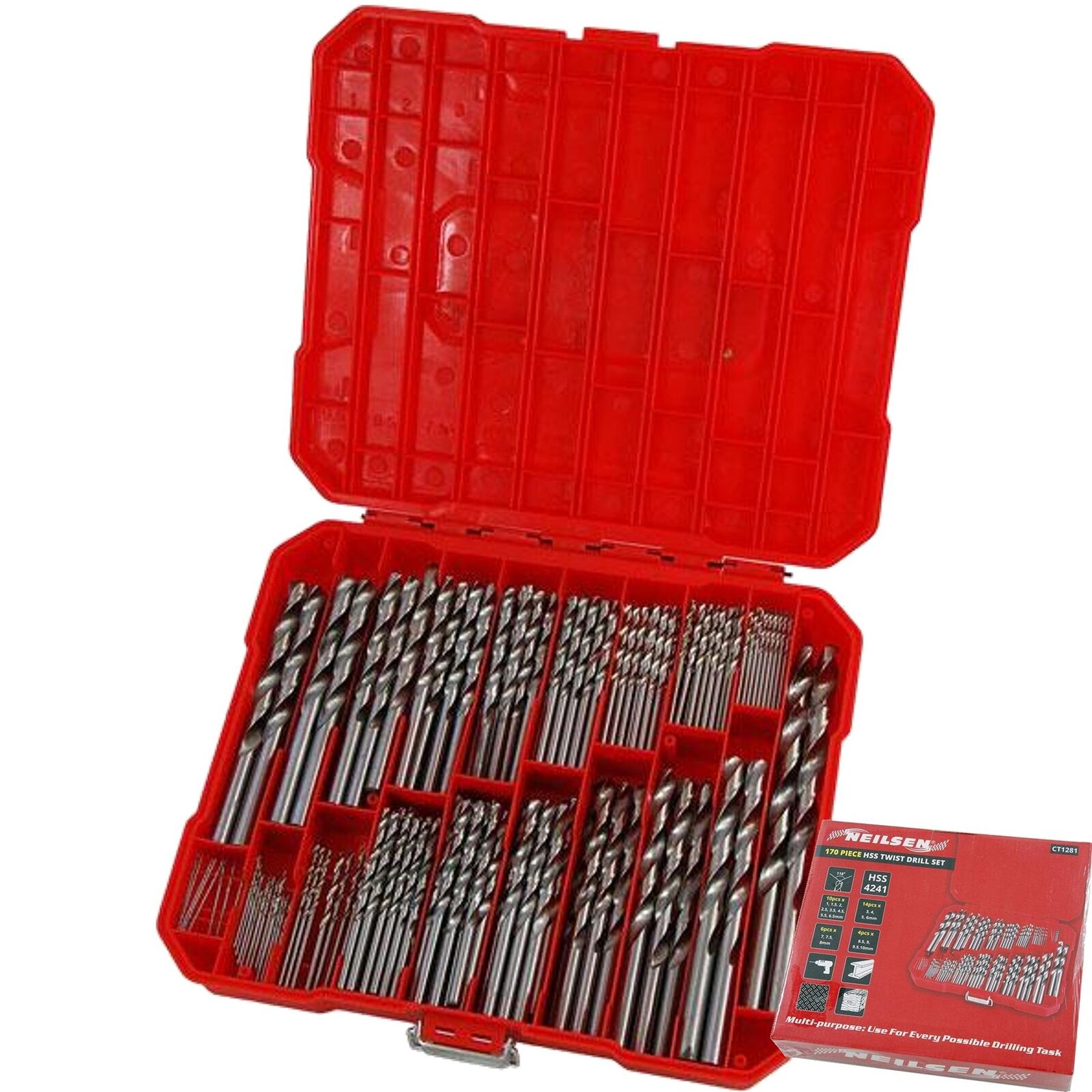 Neilsen Metal HSS Metric 170pc Drill Bits Set 1mm to 10mm for Steel Metal Wood Neilsen Metal HSS Metric 170pc Drill Bits Set 1mm to 10mm for Steel Metal Wood